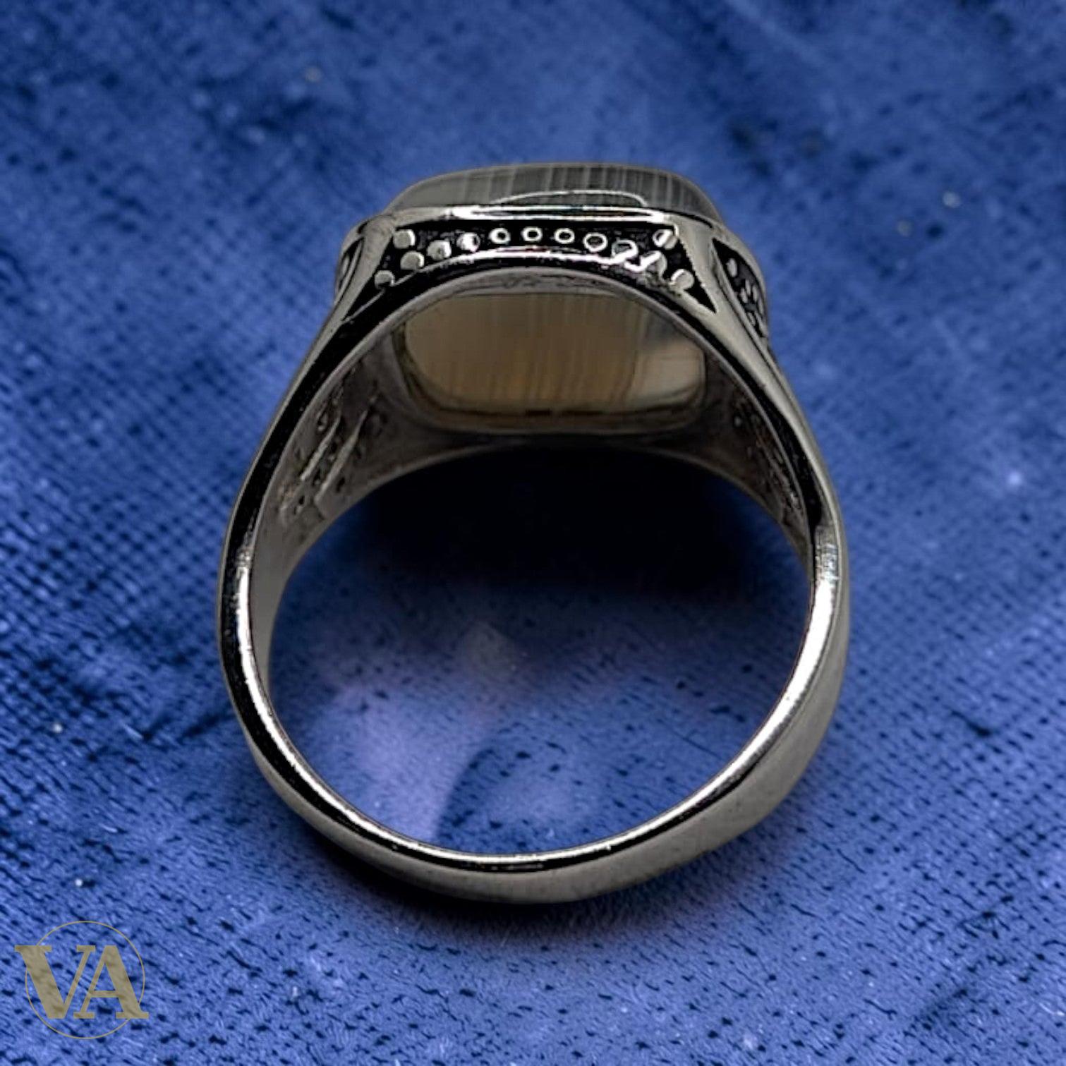 Chevalière Homme Argent 925 & Agate Bicolore – Motif Géométrique Art Déco & Zircons | Bijoux Vindicta
