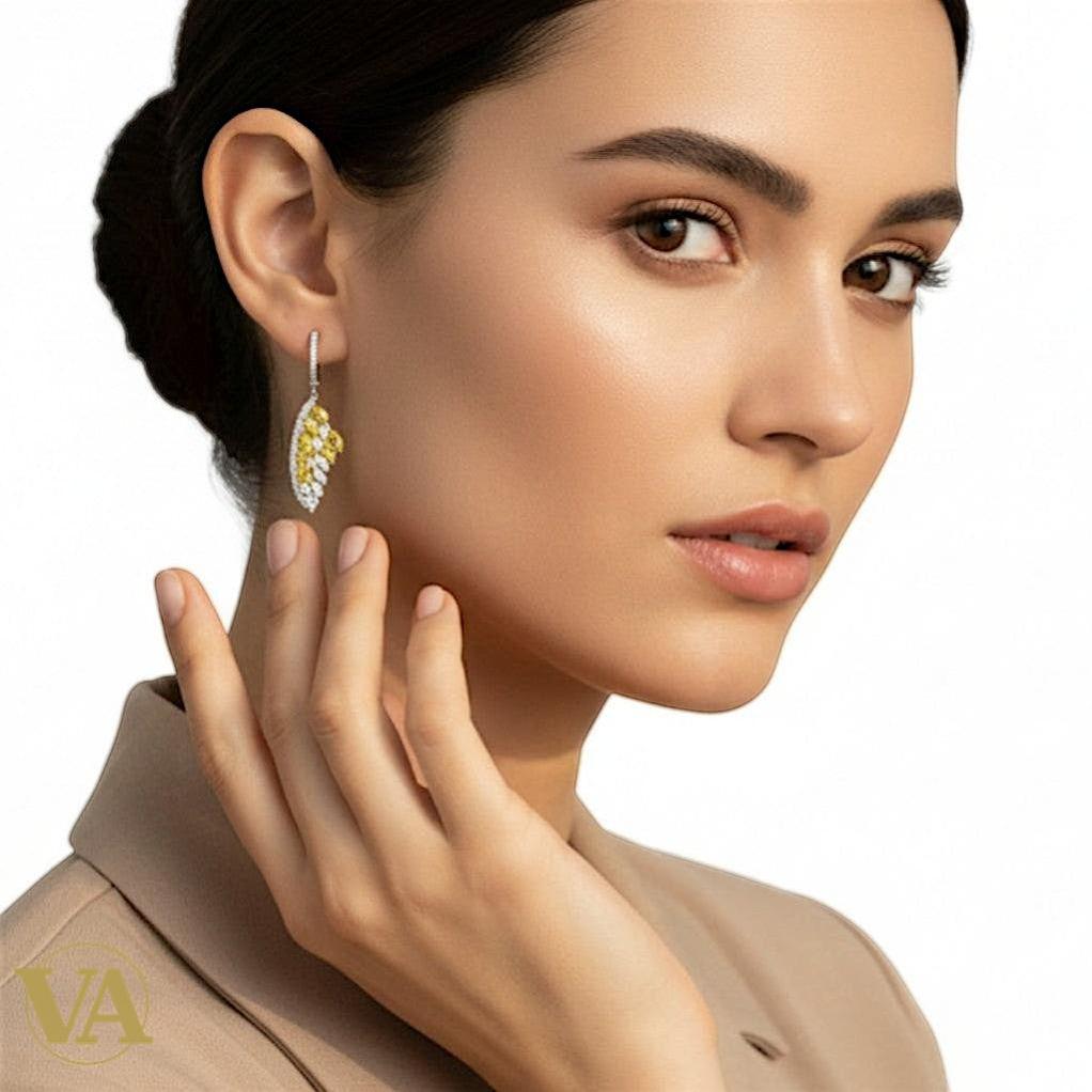 Boucles d’oreilles femme argent 925 citrine et oxydes – Motif feuille élégant