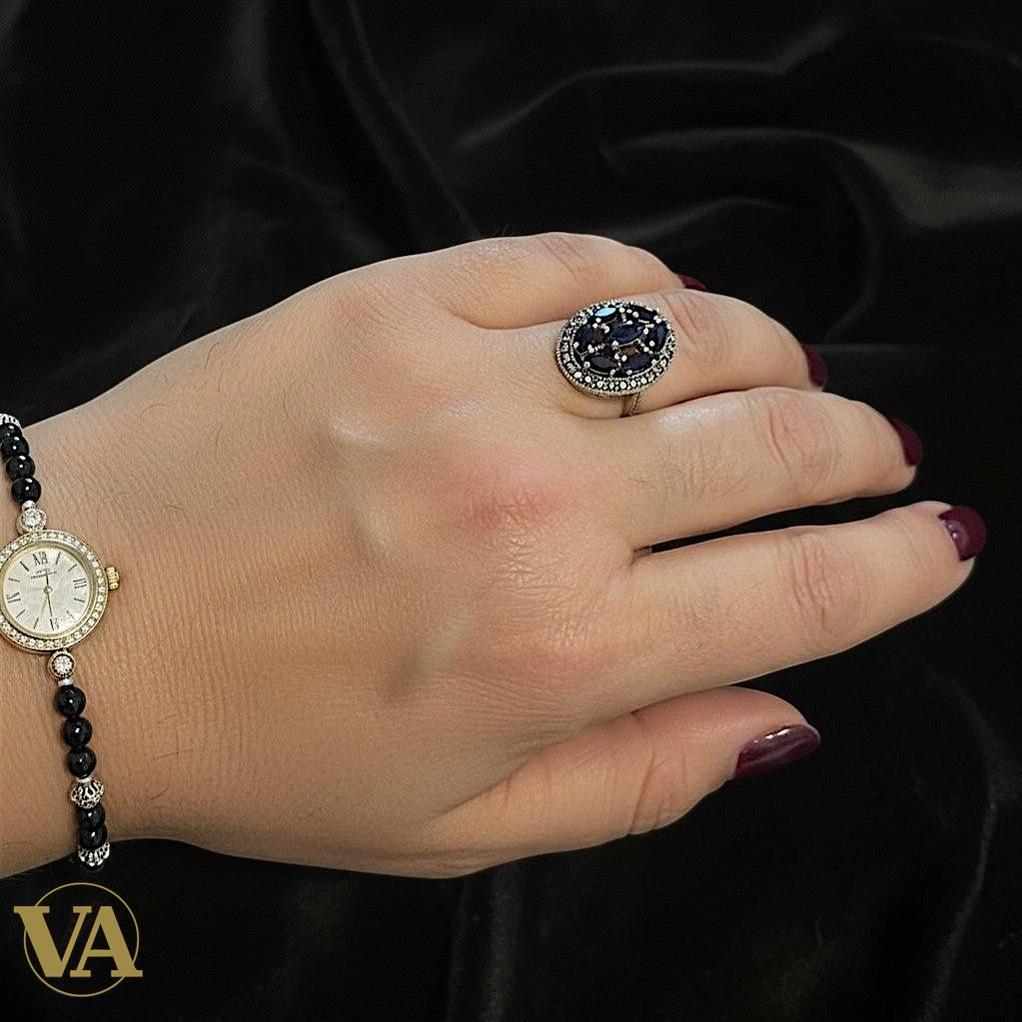 Bague femme Argent 925 Bleu Saphir & Marcassites – Ovale Vintage