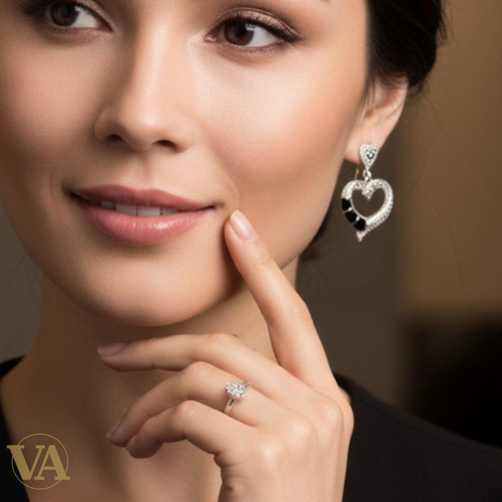 Boucles d'Oreilles Argent 925 Cœur Onyx et Marcassite