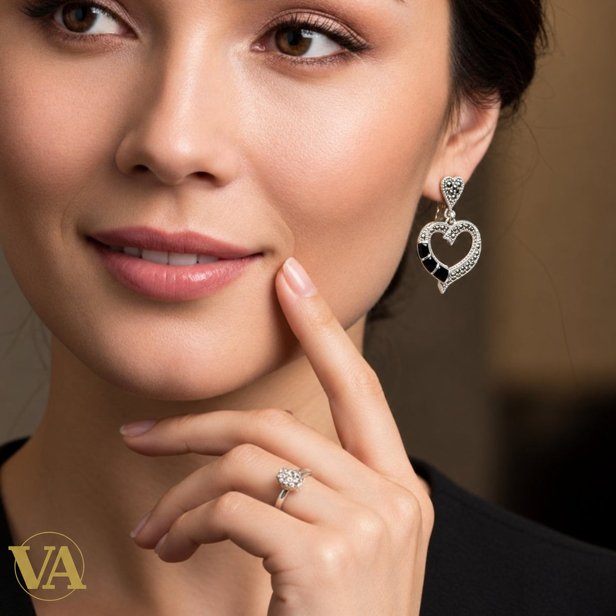 Boucles d'Oreilles Femme Argent 925 Cœur Onyx et Marcassite