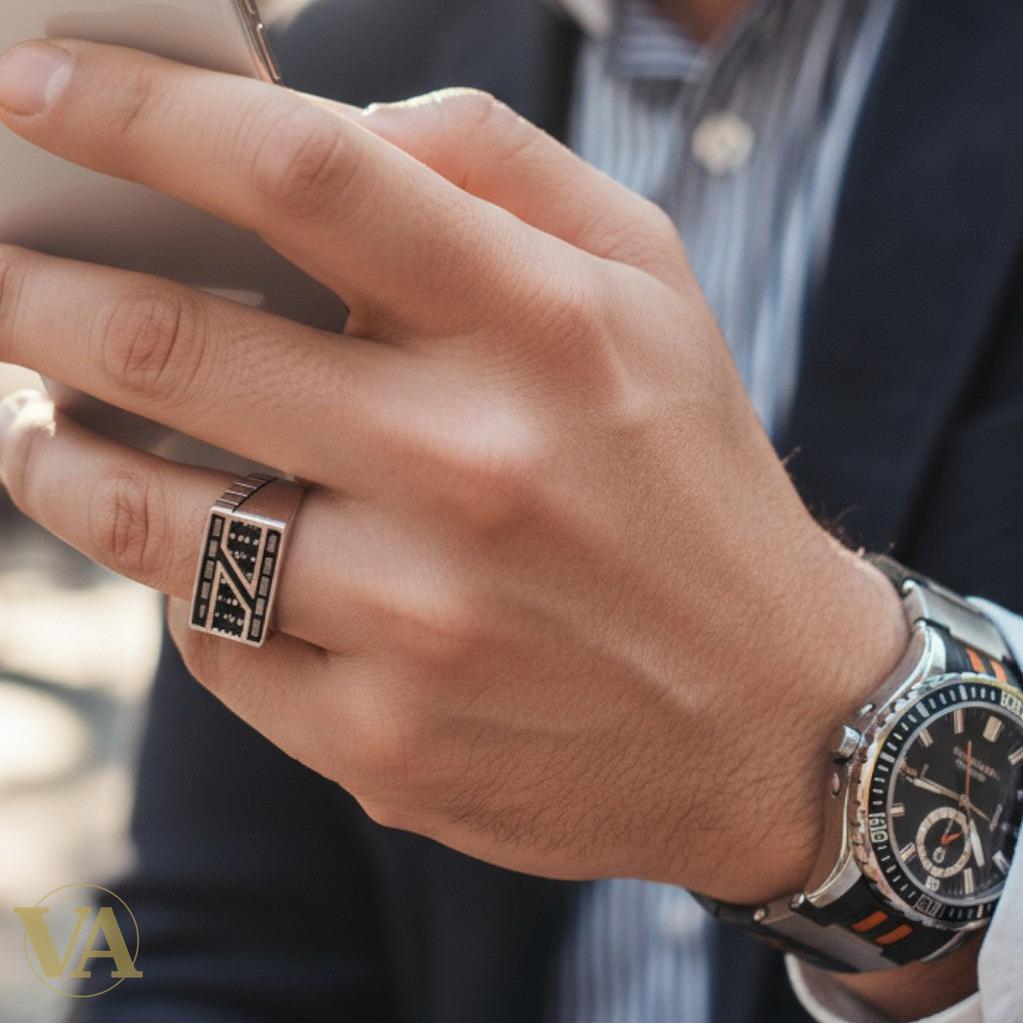 Bague homme argent 925 onyx noir géométrique