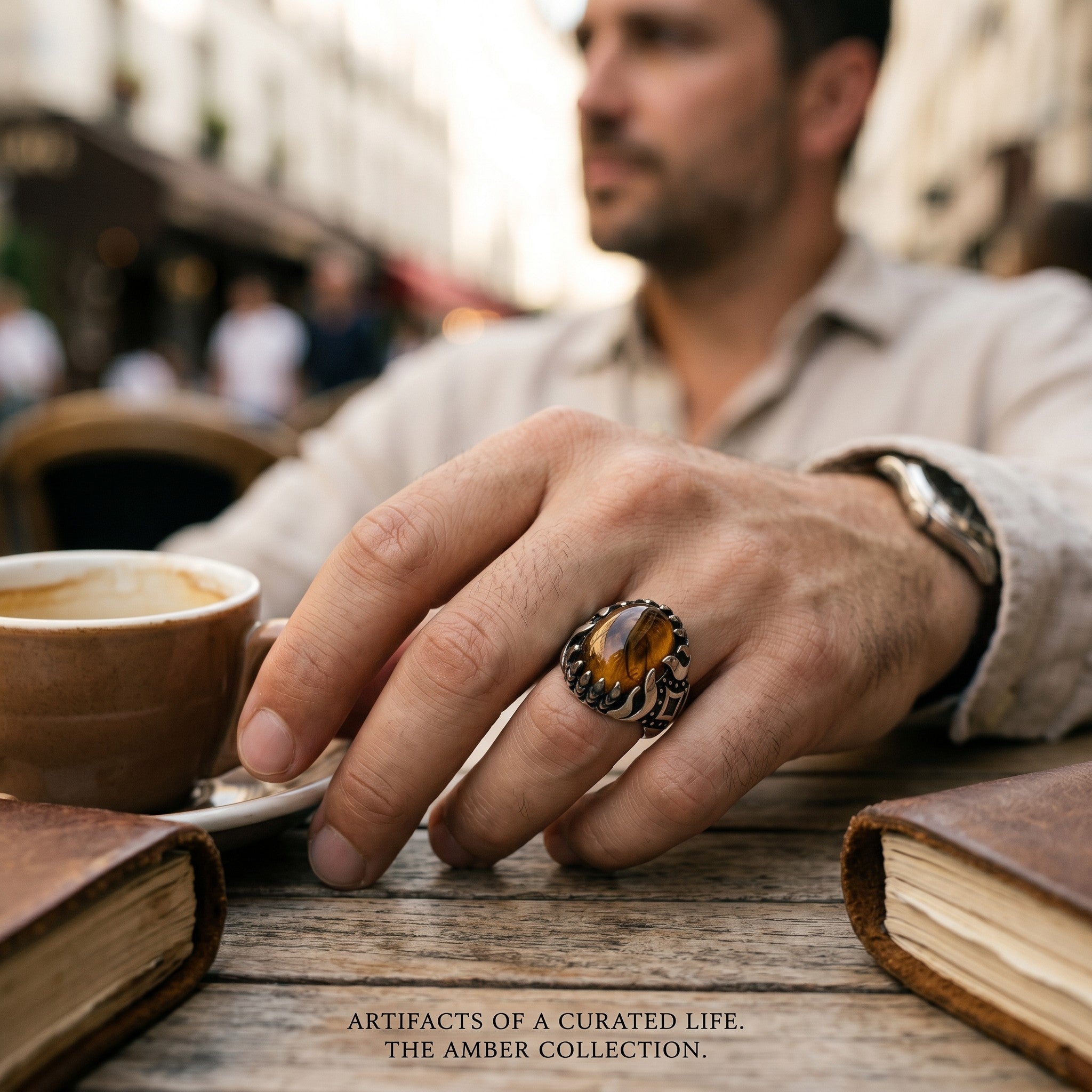 Chevalière Homme Argent 925 Ambre Jaune Naturel Sertissage Griffes Sculpté-Vindicta : Bijoux Argent 925 Massif, Luxe et Héritage