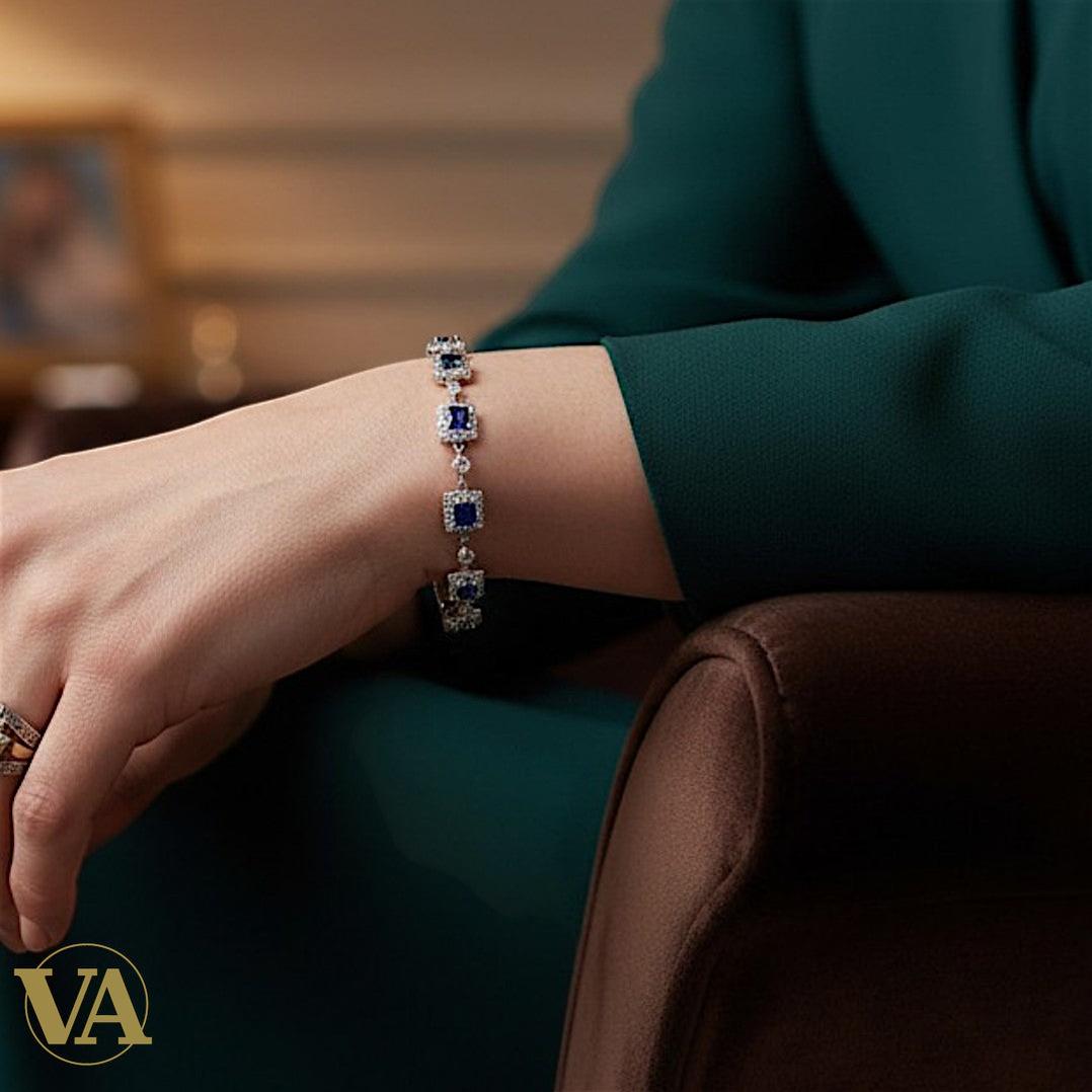 Bracelet Femme Argent 925 Oxydes Bleus – Design Géométrique