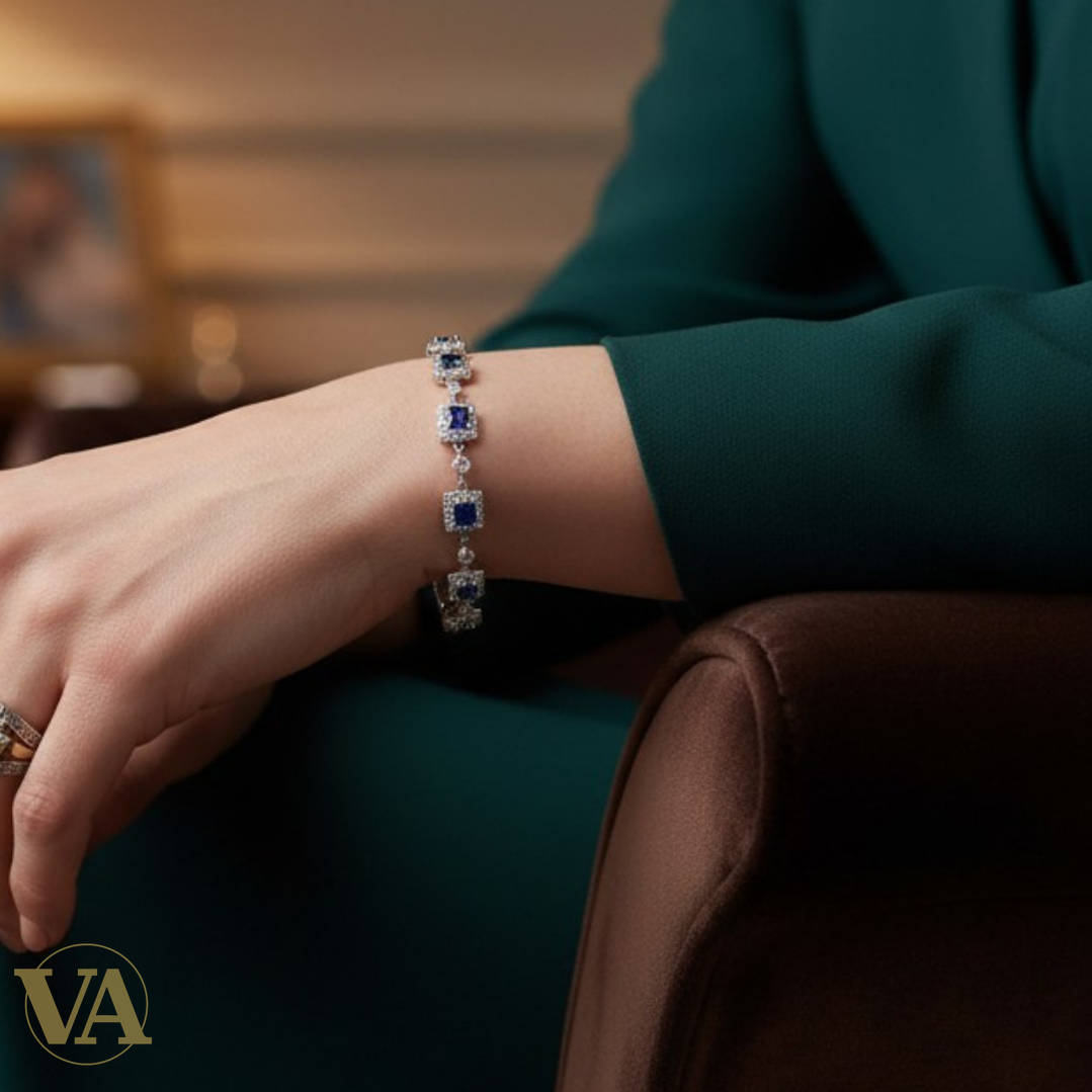 Bracelet Femme Argent 925 Oxydes Bleus – Design Géométrique