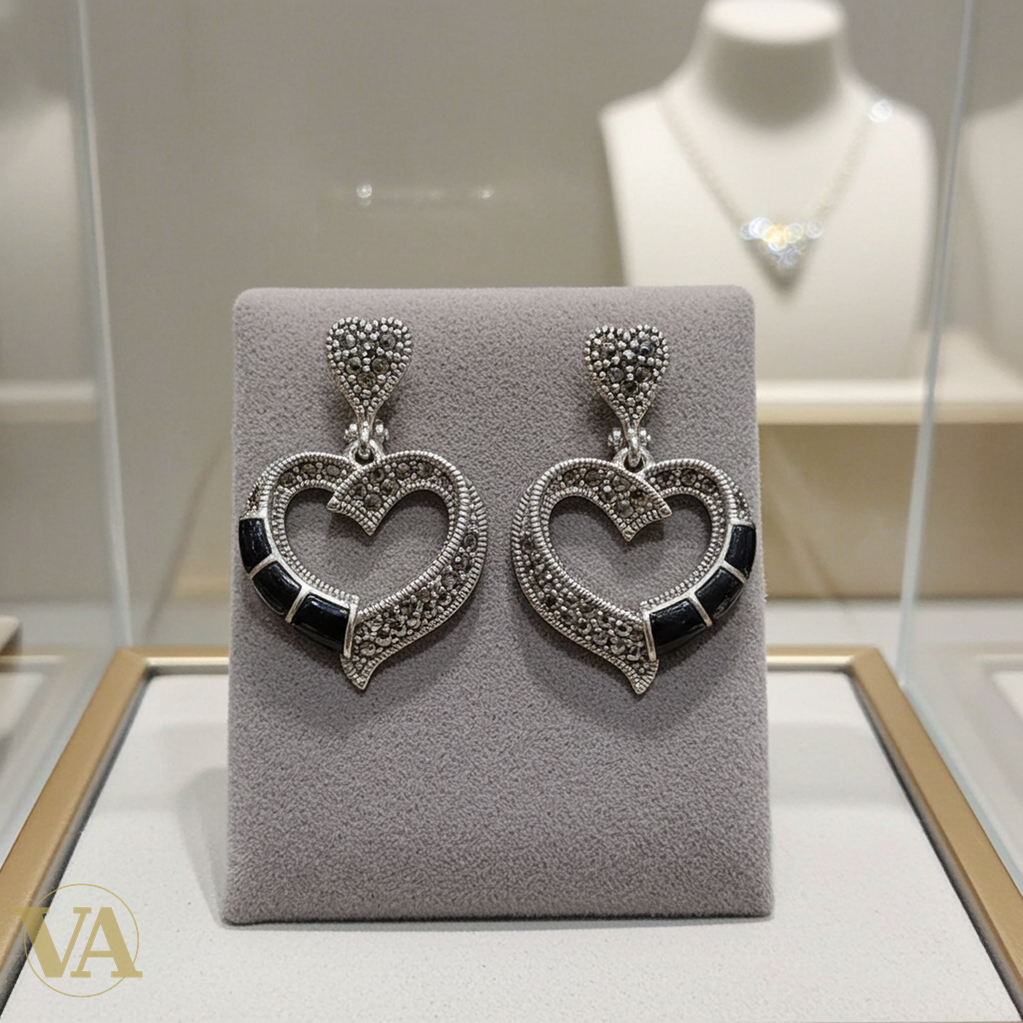 Boucles d'Oreilles Femme Argent 925 Cœur Onyx et Marcassite-Vindicta : Bijoux Argent 925 Massif, Luxe et Héritage