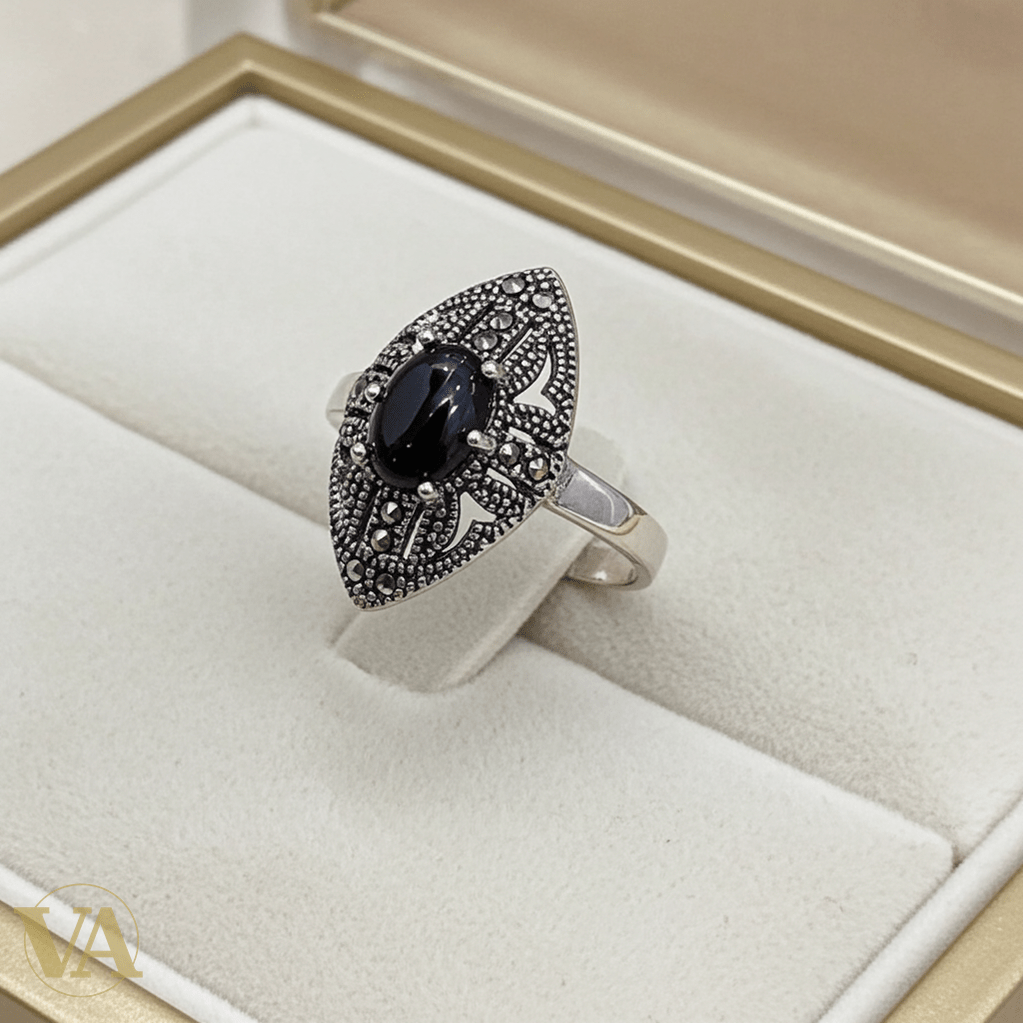 Bague Femme Argent 925 Onyx Noir Ovale Allongé & Marcassites - Argent 925 - Vindicta