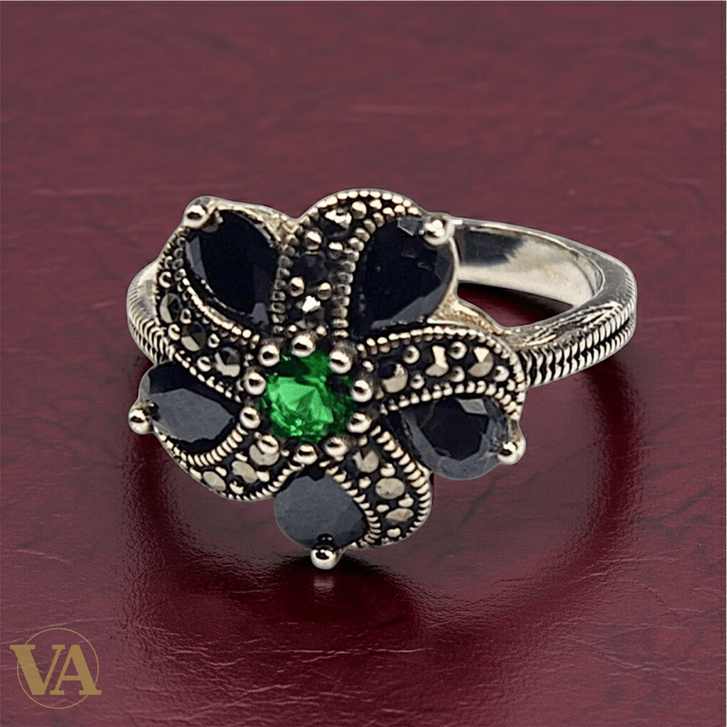 Bague Femme fleur argent 925 marcassite – Pierres noires et vertes - Argent 925 - Vindicta