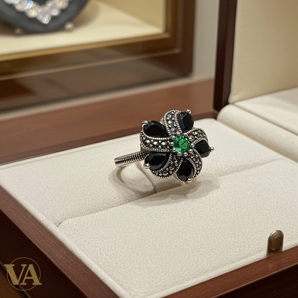 Bague Femme fleur argent 925 marcassite – Pierres noires et vertes - Argent 925 - Vindicta