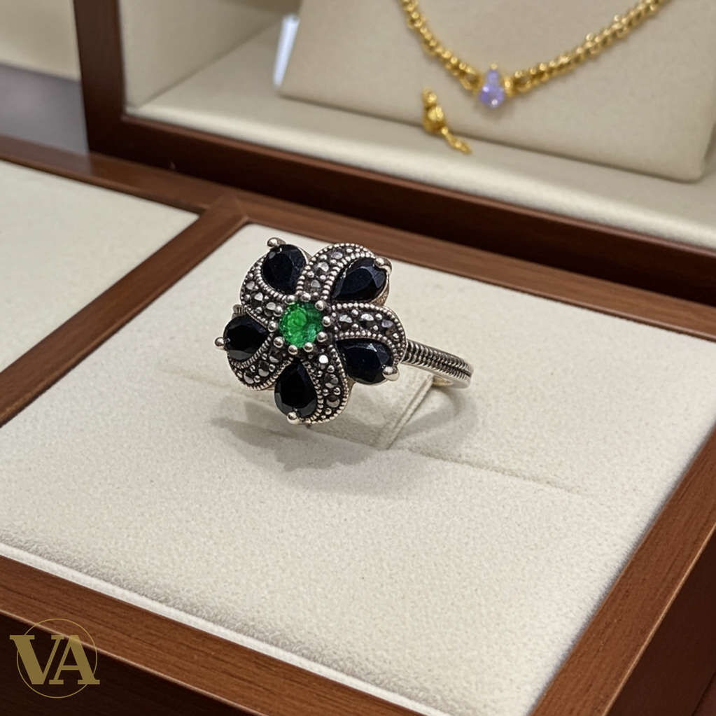 Bague Femme fleur argent 925 marcassite – Pierres noires et vertes-Vindicta : Bijoux Argent 925 Massif, Luxe et Héritage