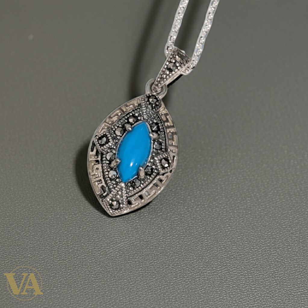 Collier Femme Turquoise Marcassite Argent 925 - Pendentif Art Déco Bleu - Argent 925 - Vindicta