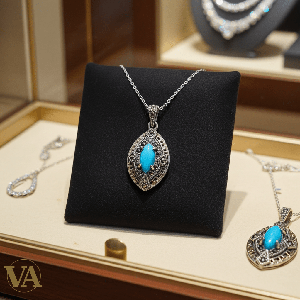 Collier Femme Turquoise Marcassite Argent 925 - Pendentif Art Déco Bleu - Argent 925 - Vindicta