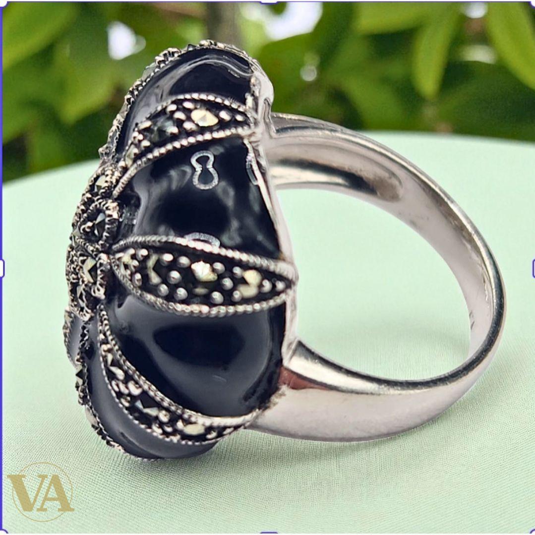 Bague femme argent 925 onyx noir et marcassites
