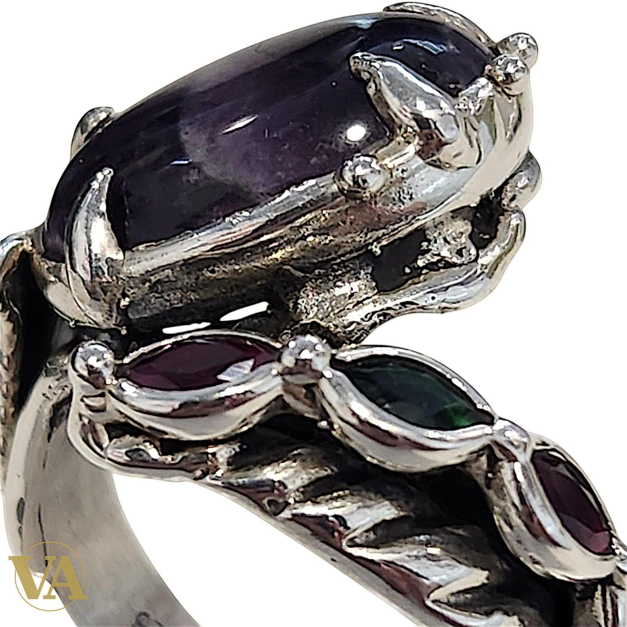 Bague argent 925 cabochon Améthyste et pierres rouges/vertes