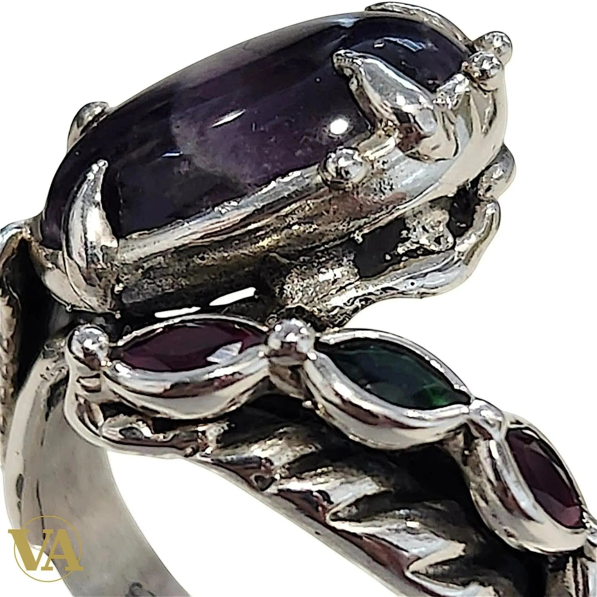 Bague Femme argent 925 cabochon Améthyste et pierres rouges/vertes-Vindicta : Bijoux Argent 925 Massif, Luxe et Héritage