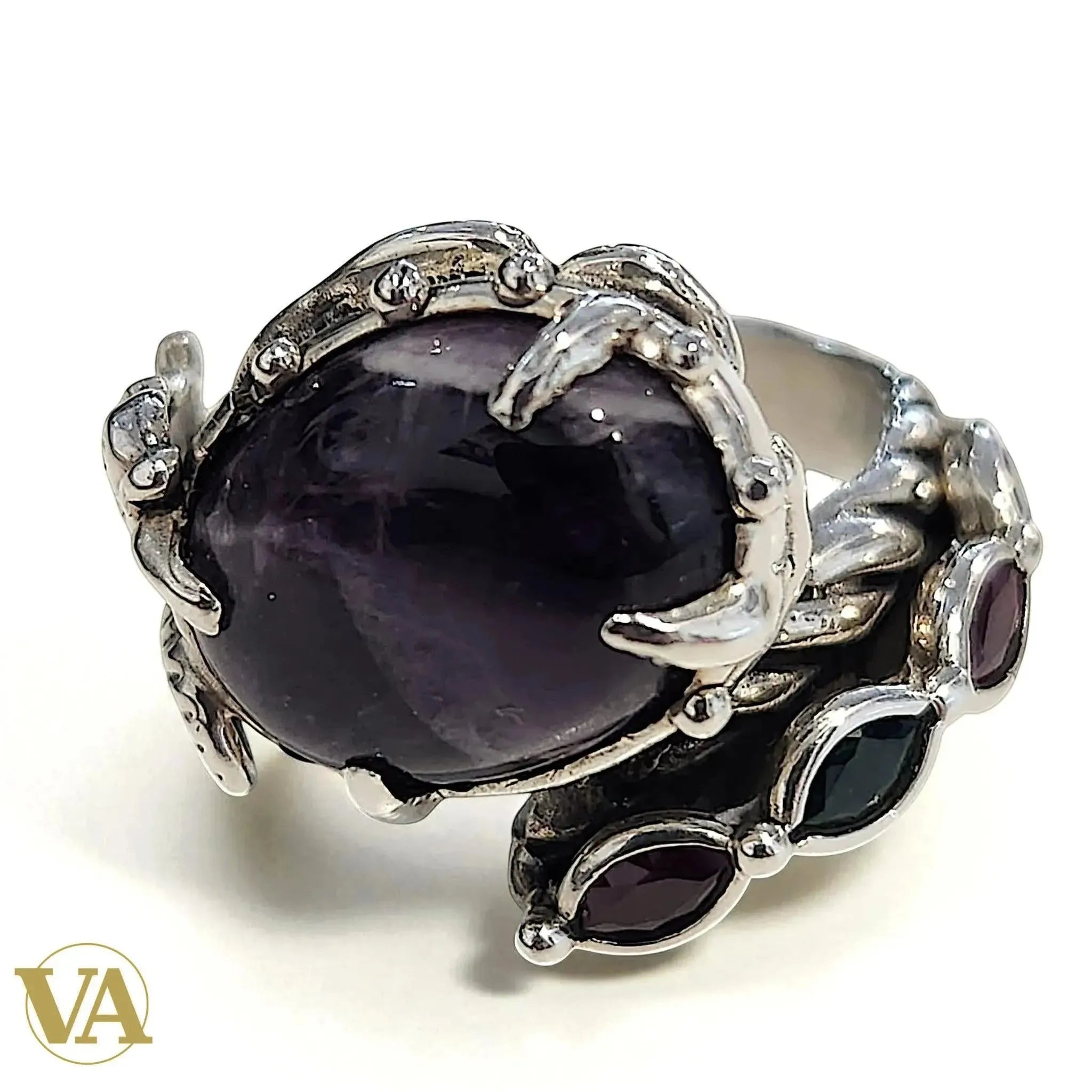 Bague Femme argent 925 cabochon Améthyste et pierres rouges/vertes-Vindicta : Bijoux Argent 925 Massif, Luxe et Héritage