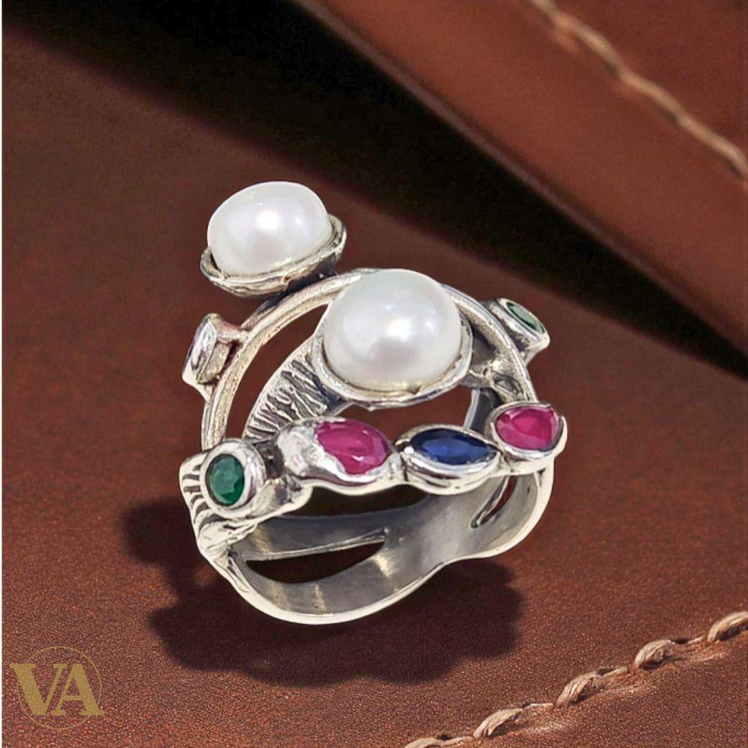 Bague argent 925 perles et pierres colorées