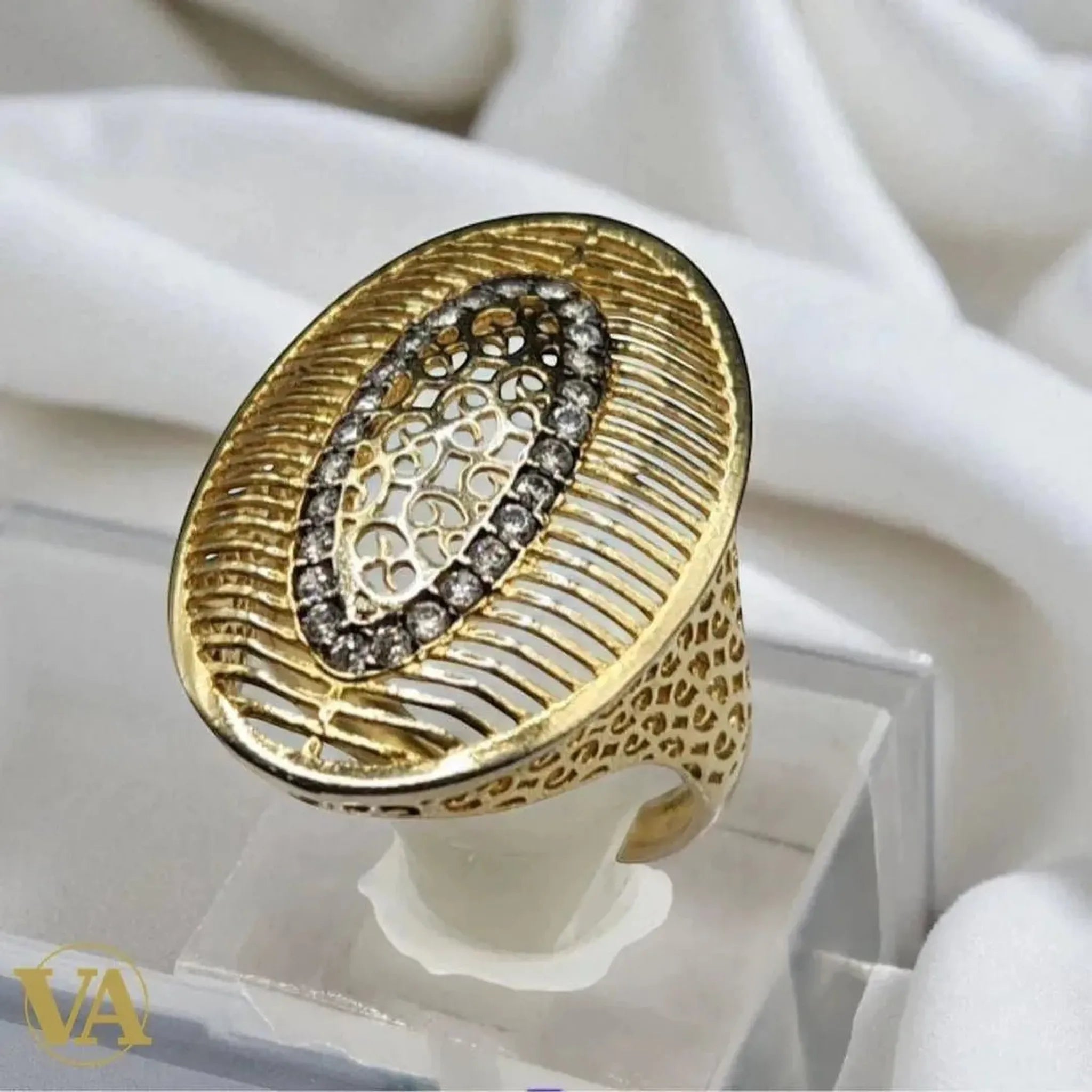 Bague Femme argent 925 doré ajourée avec pierres | Bijoux Vindicta