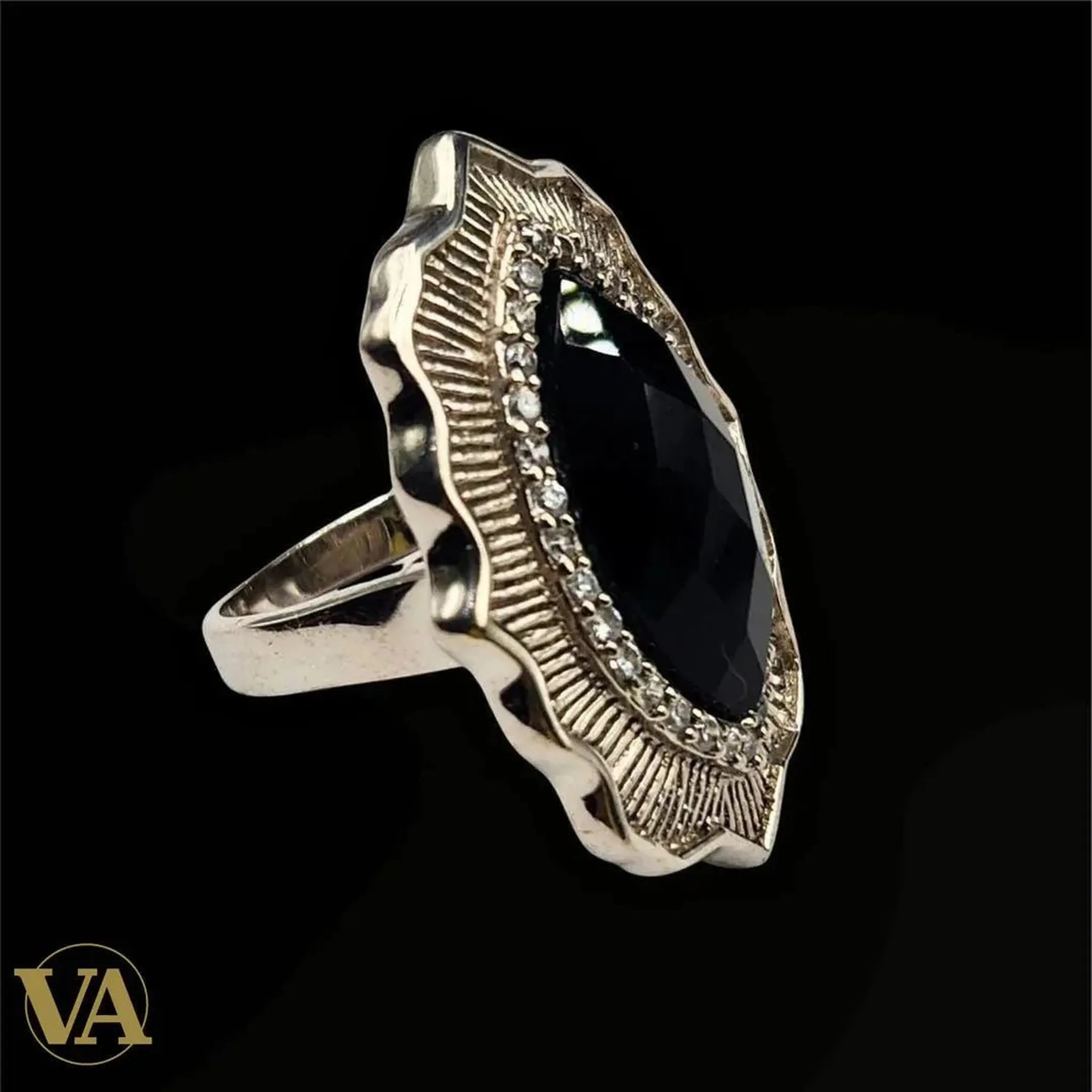 Bague Femme argent 925 onyx noir et pierres claires | Bijoux Vindicta