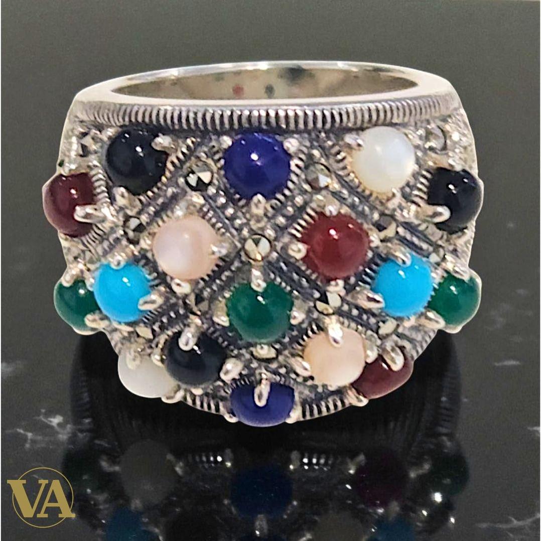 Bague femme Argent 925 – Pierres multicolores & Marcassite