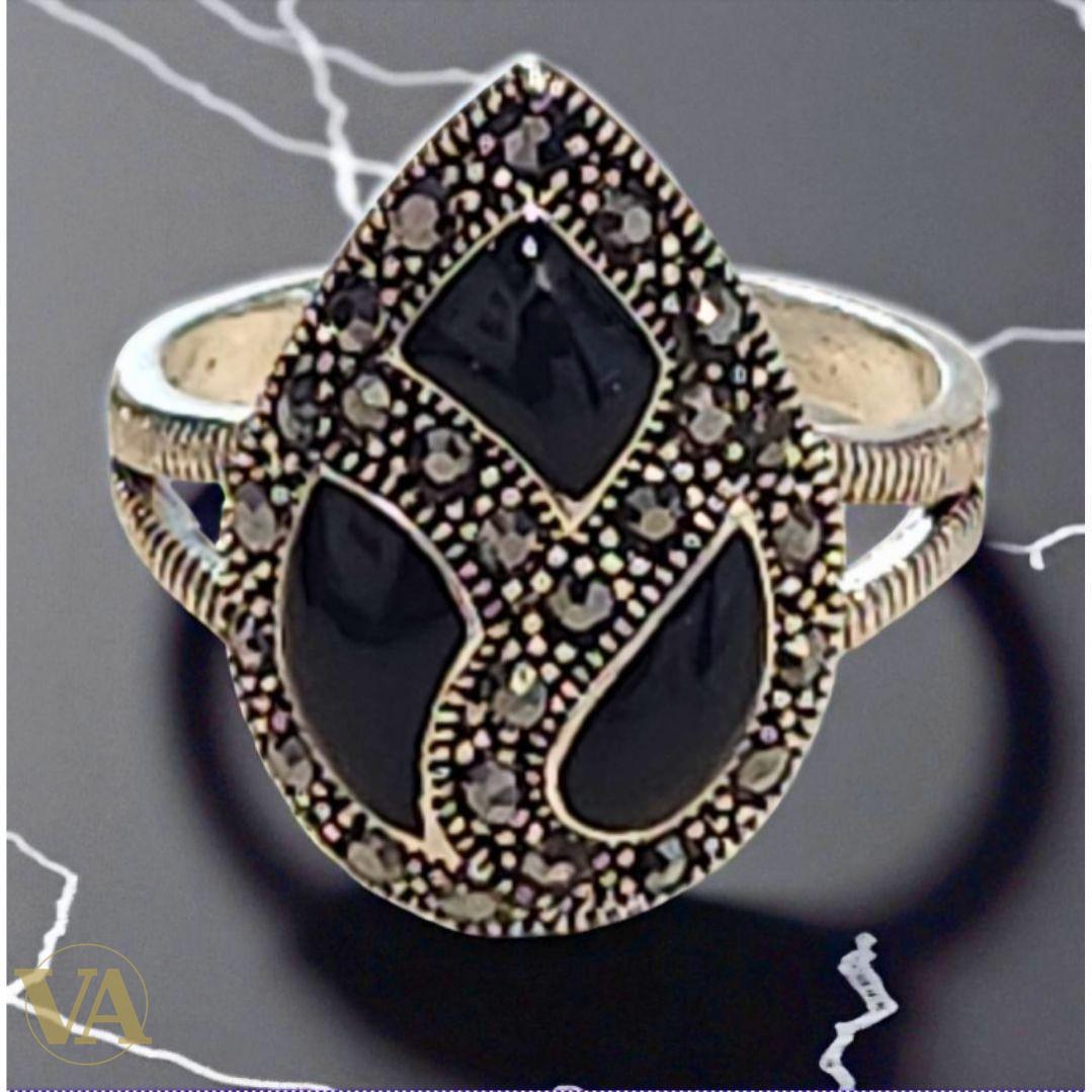 Bague argent 925 goutte onyx noir et marcassites