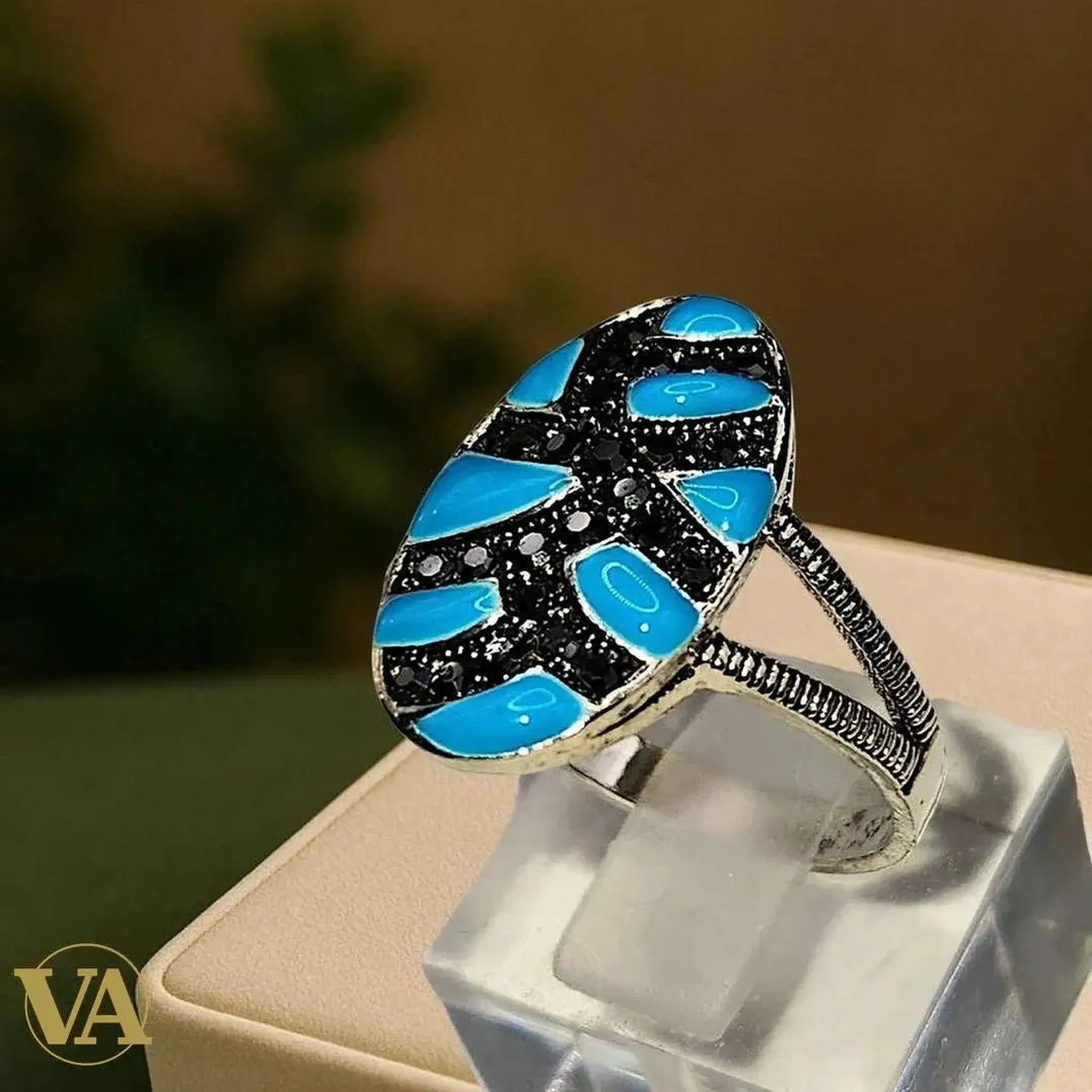 Bague Femme argent 925 mosaïque turquoise et noir | Bijoux Vindicta