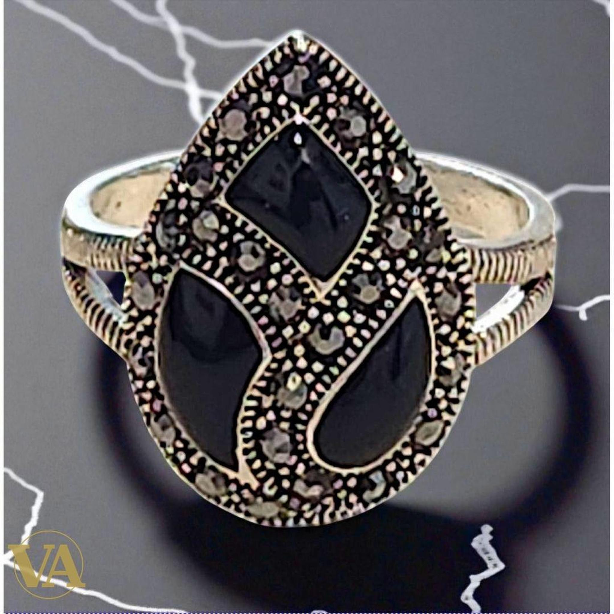 Bague Femme argent 925 goutte onyx noir et marcassites | Bijoux Vindicta