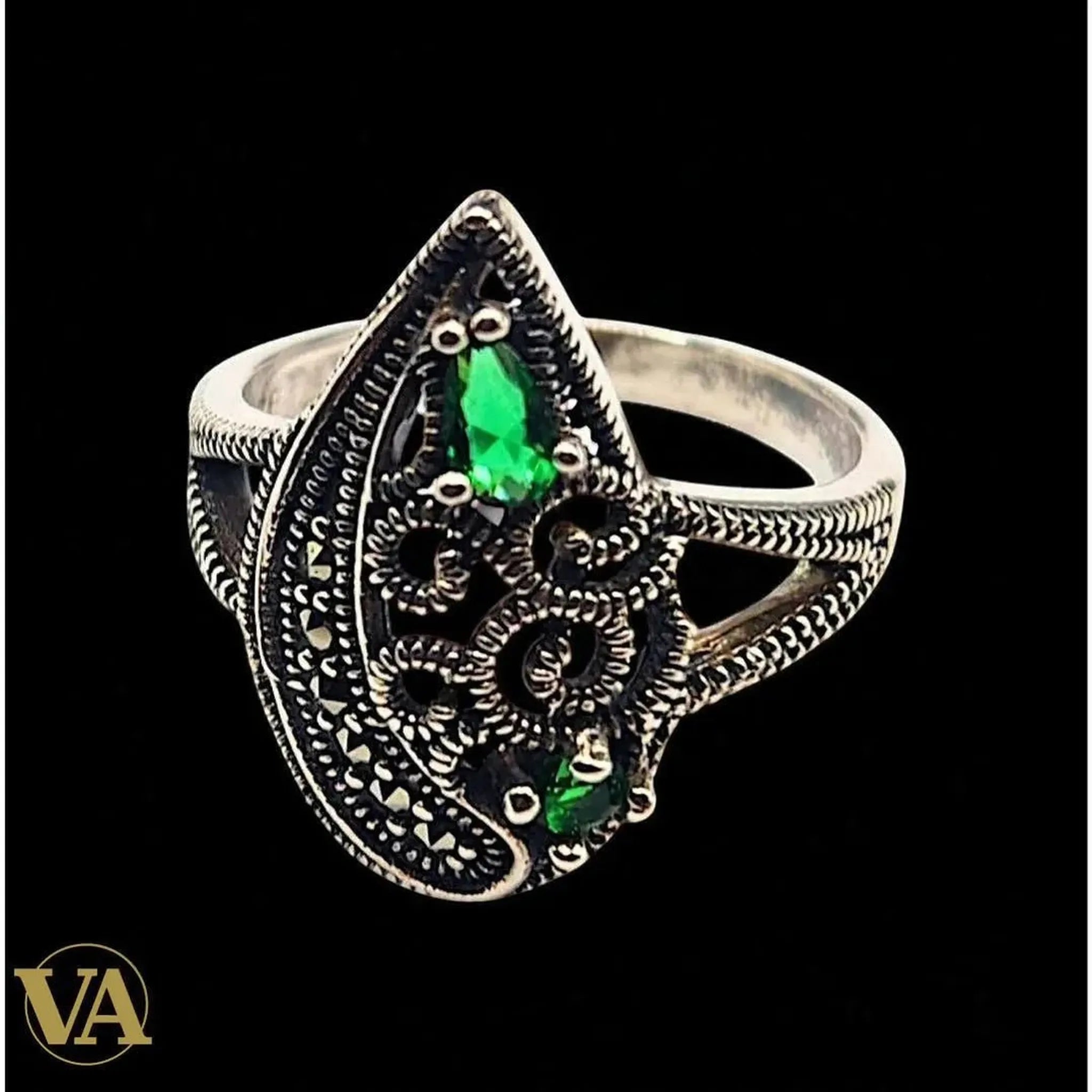 Bague Femme argent 925 zirconium vert éclatant et marcassite - Argent 925 - Vindicta