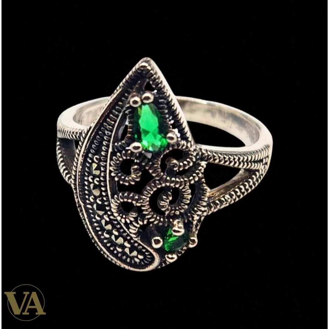 Bague argent 925 zirconium vert  éclatant et marcassite