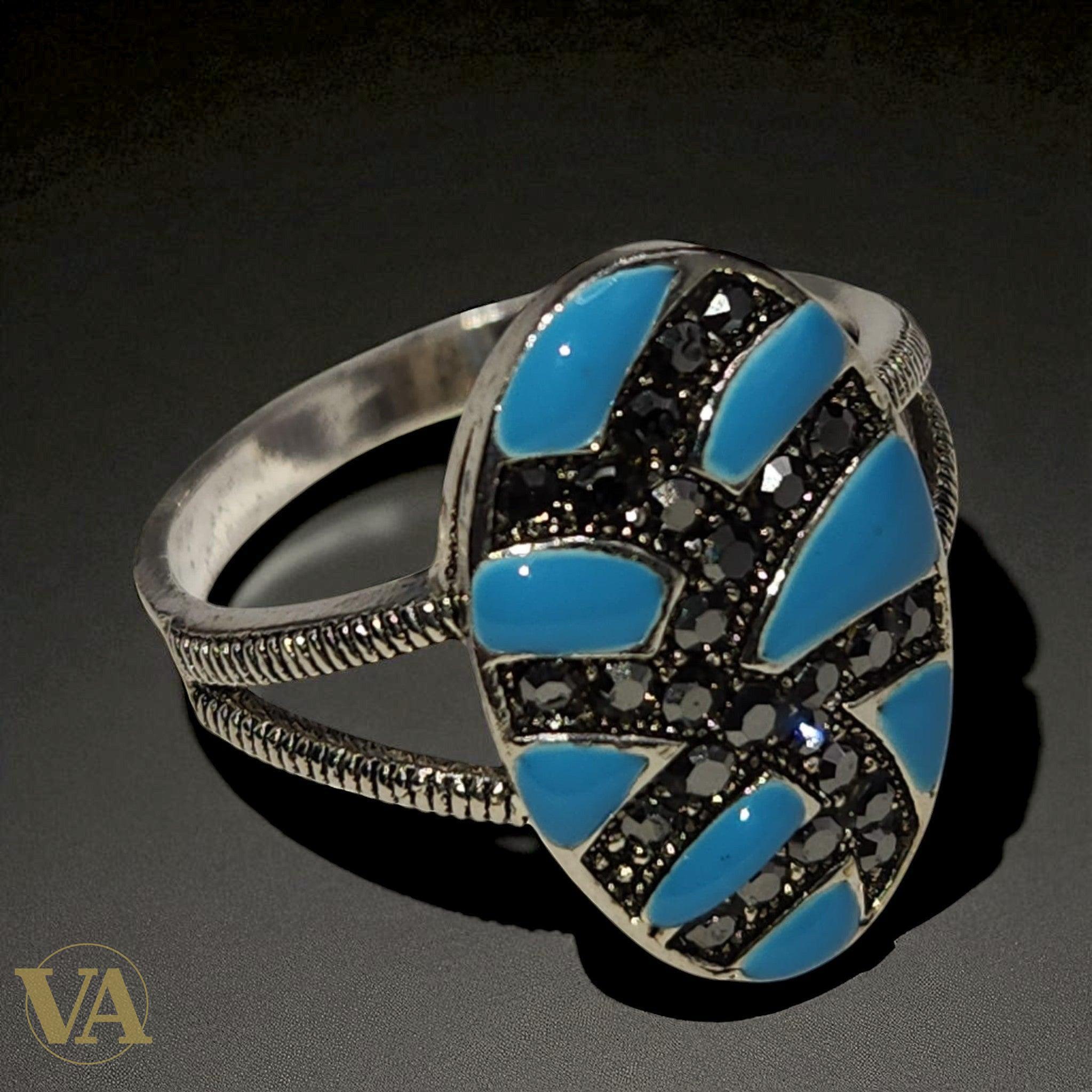 Bague argent 925 mosaïque turquoise et noir