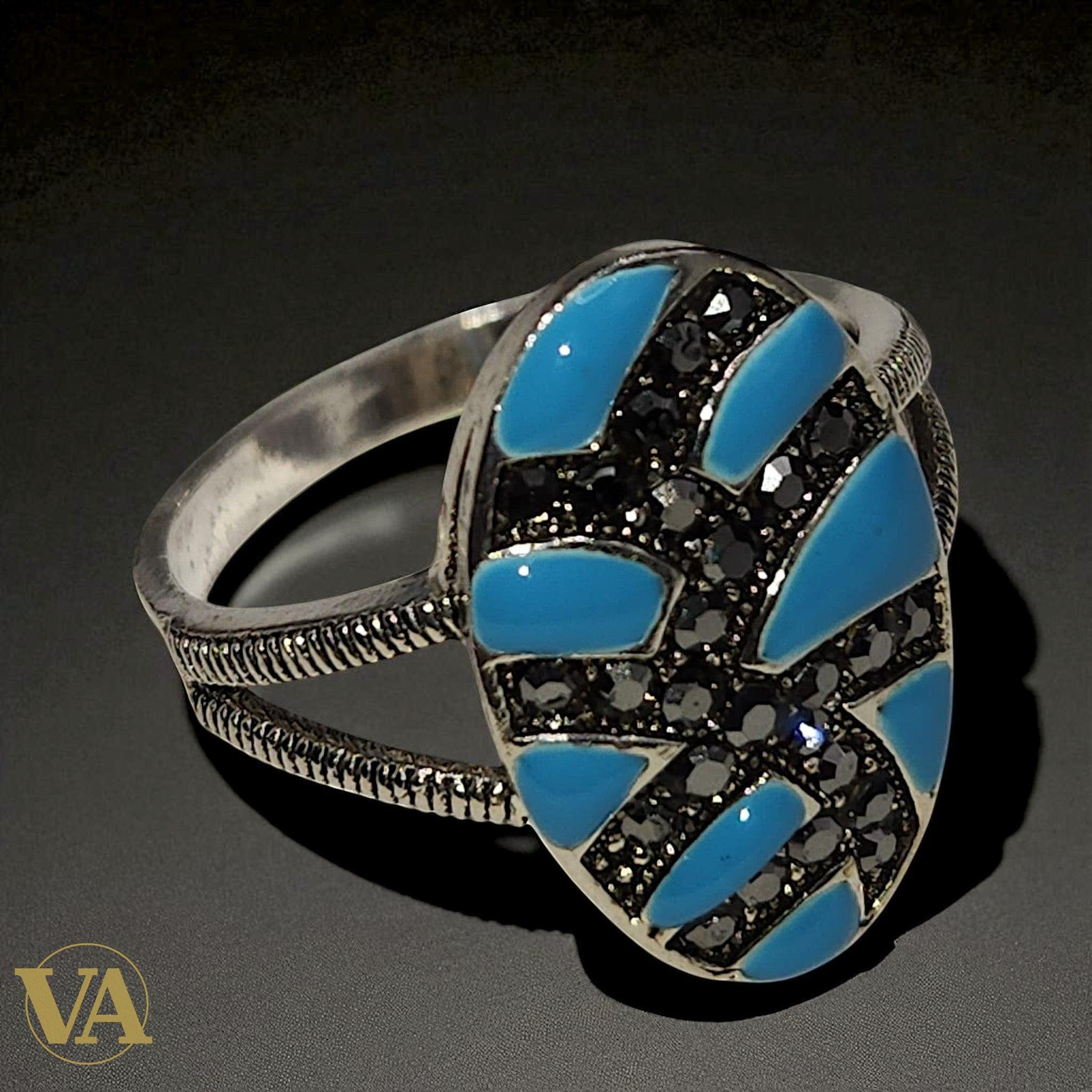 Bague argent 925 mosaïque turquoise et noir