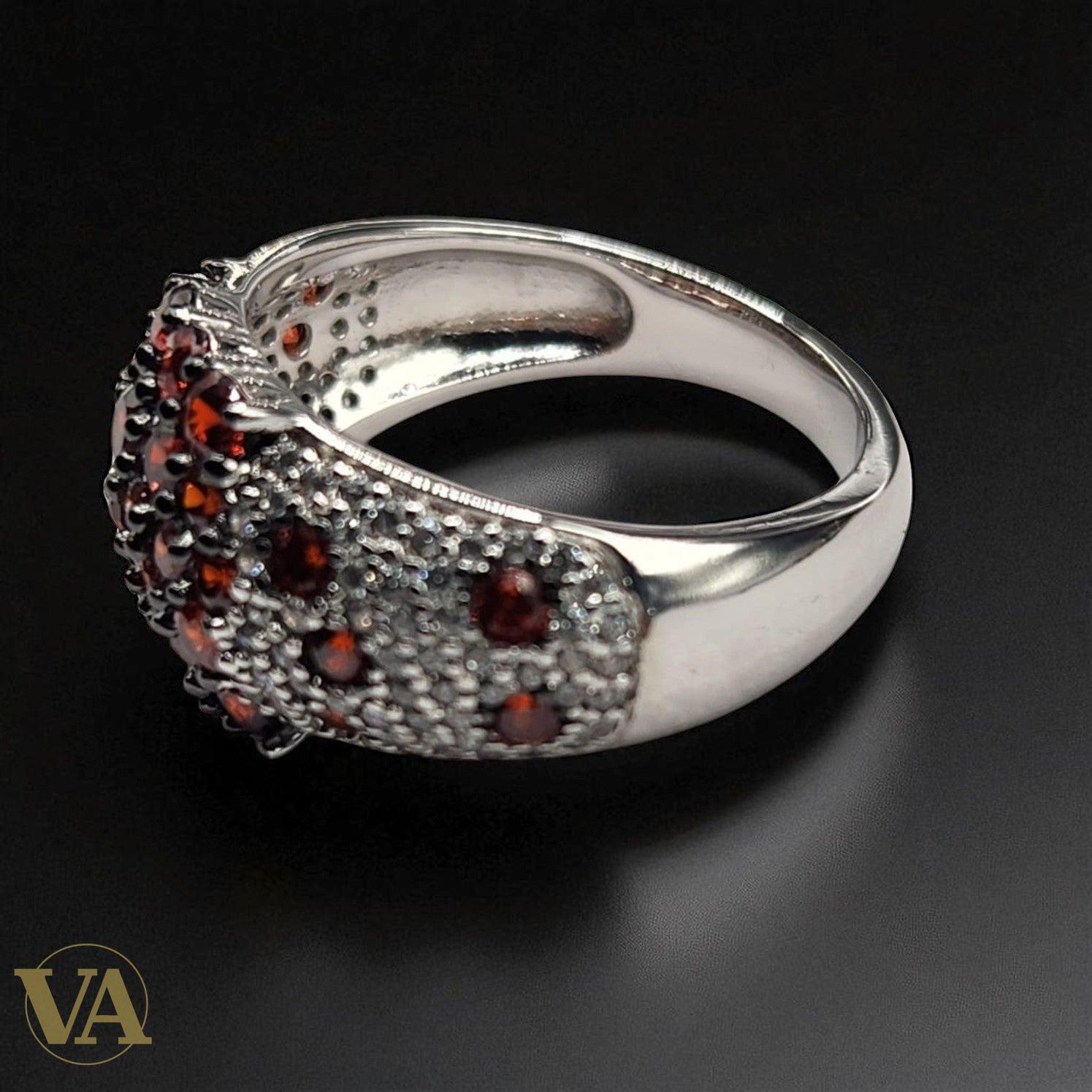Bague argent 925 pavée de cristaux rouges