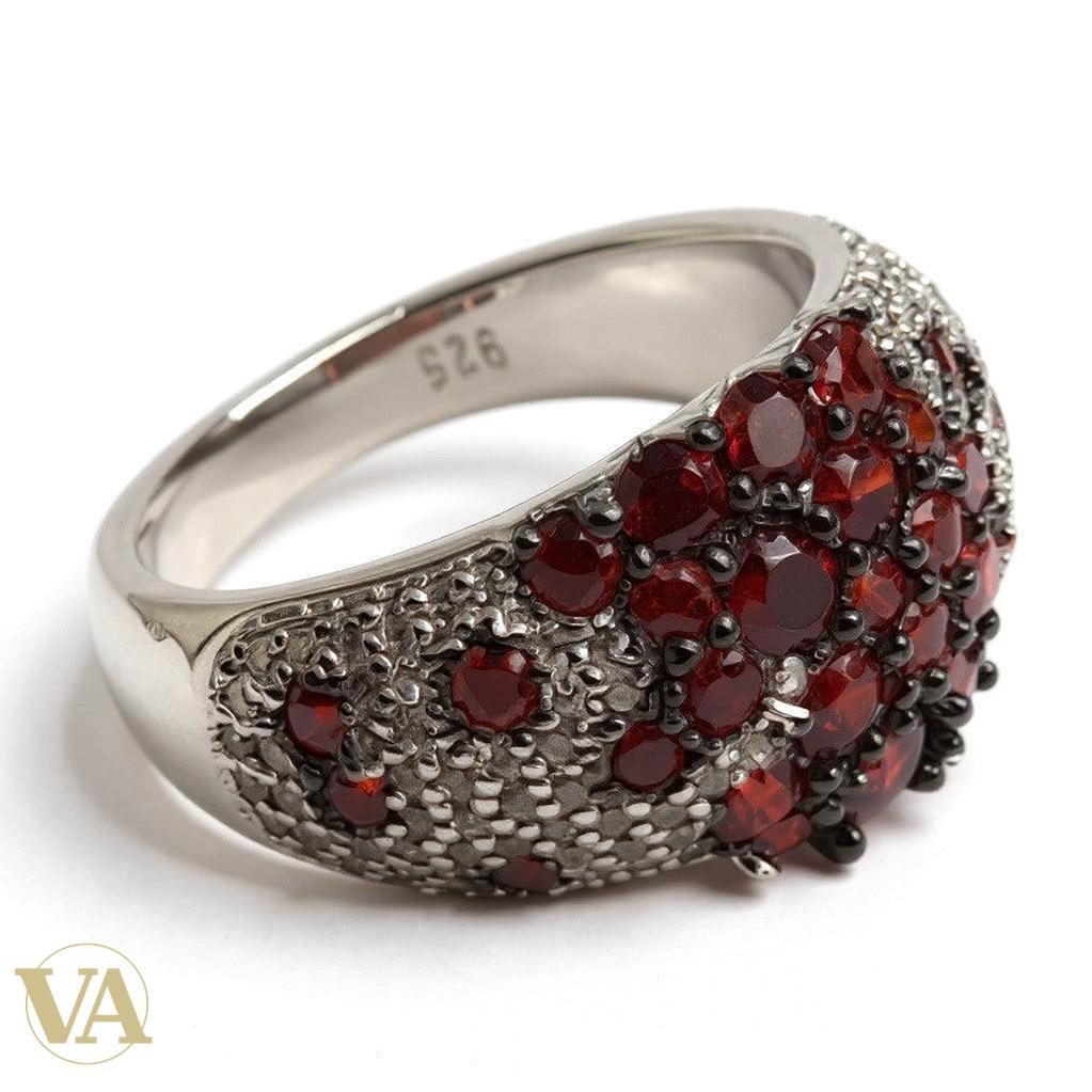 Bague argent 925 pavée de cristaux rouges