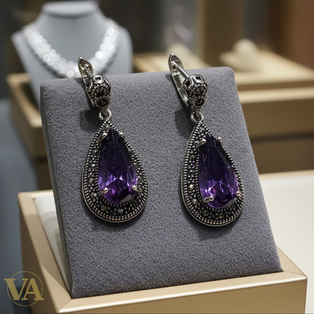 Boucles d’oreilles Femme pendantes goutte Améthyste en Argent 925 style vintage-Vindicta : Bijoux Argent 925 Massif, Luxe et Héritage