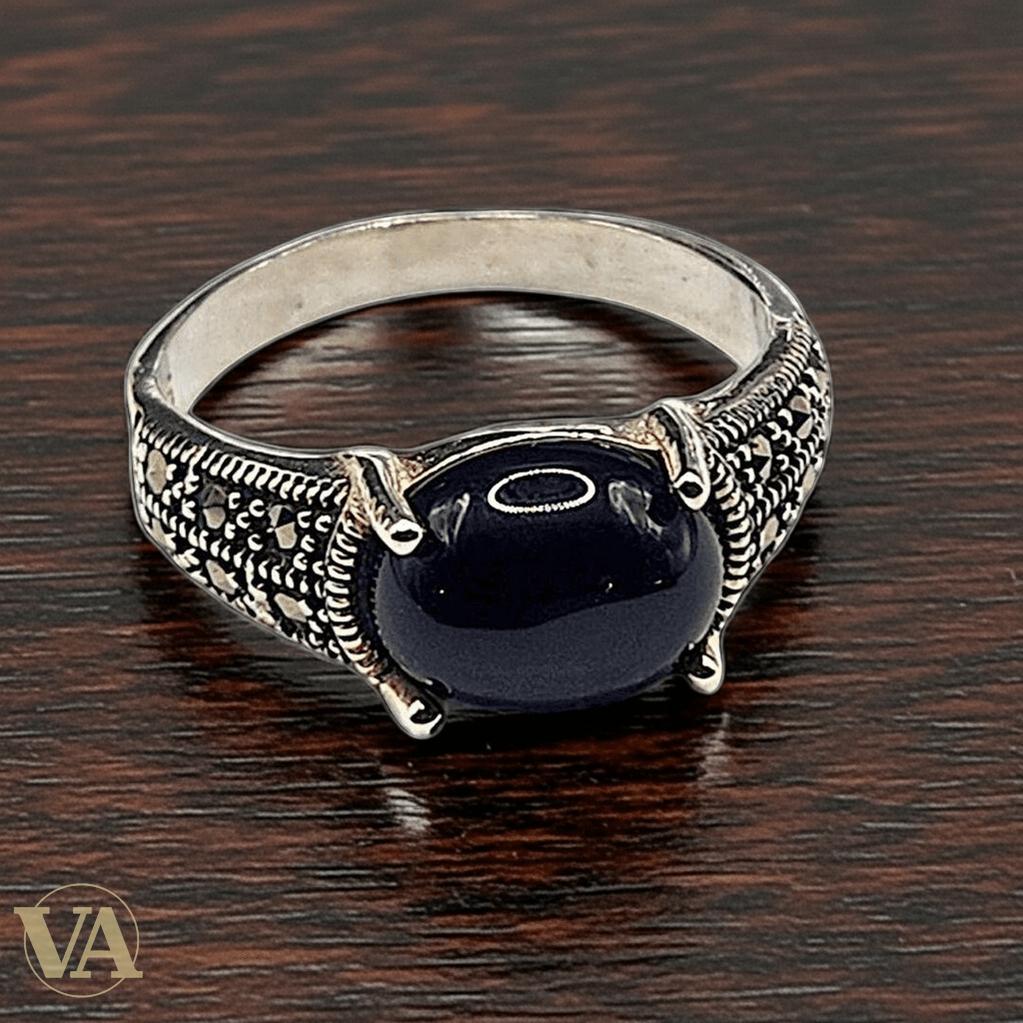 Bague femme Cabochon Noir Argent 925 & Marcassites - Argent 925 - Vindicta