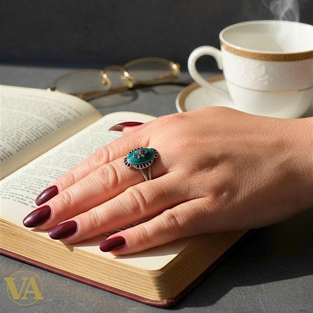 Bague femme argent 925 aventurine verte et marcassites