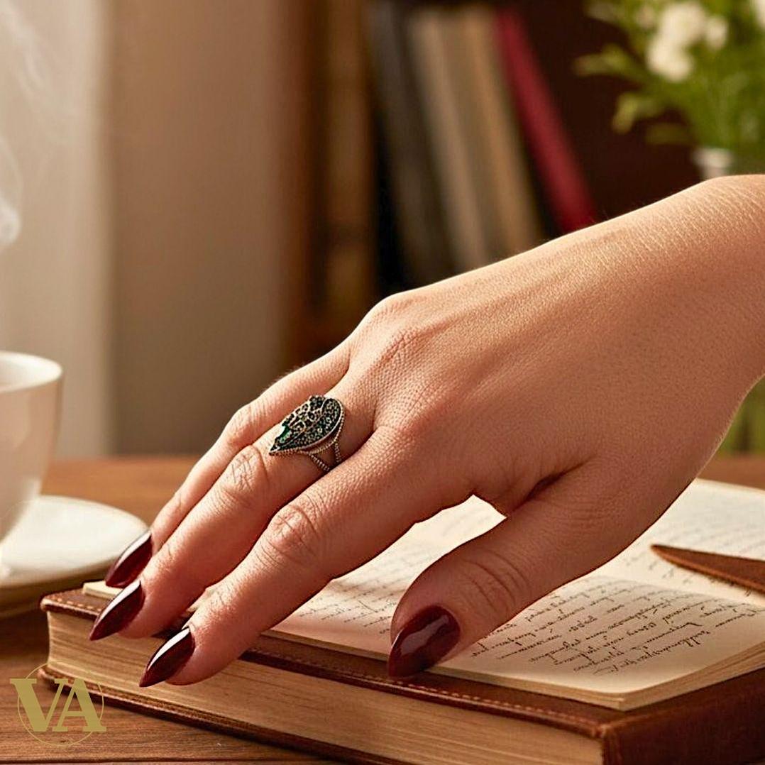 Bague argent 925 zirconium vert éclatant et marcassite