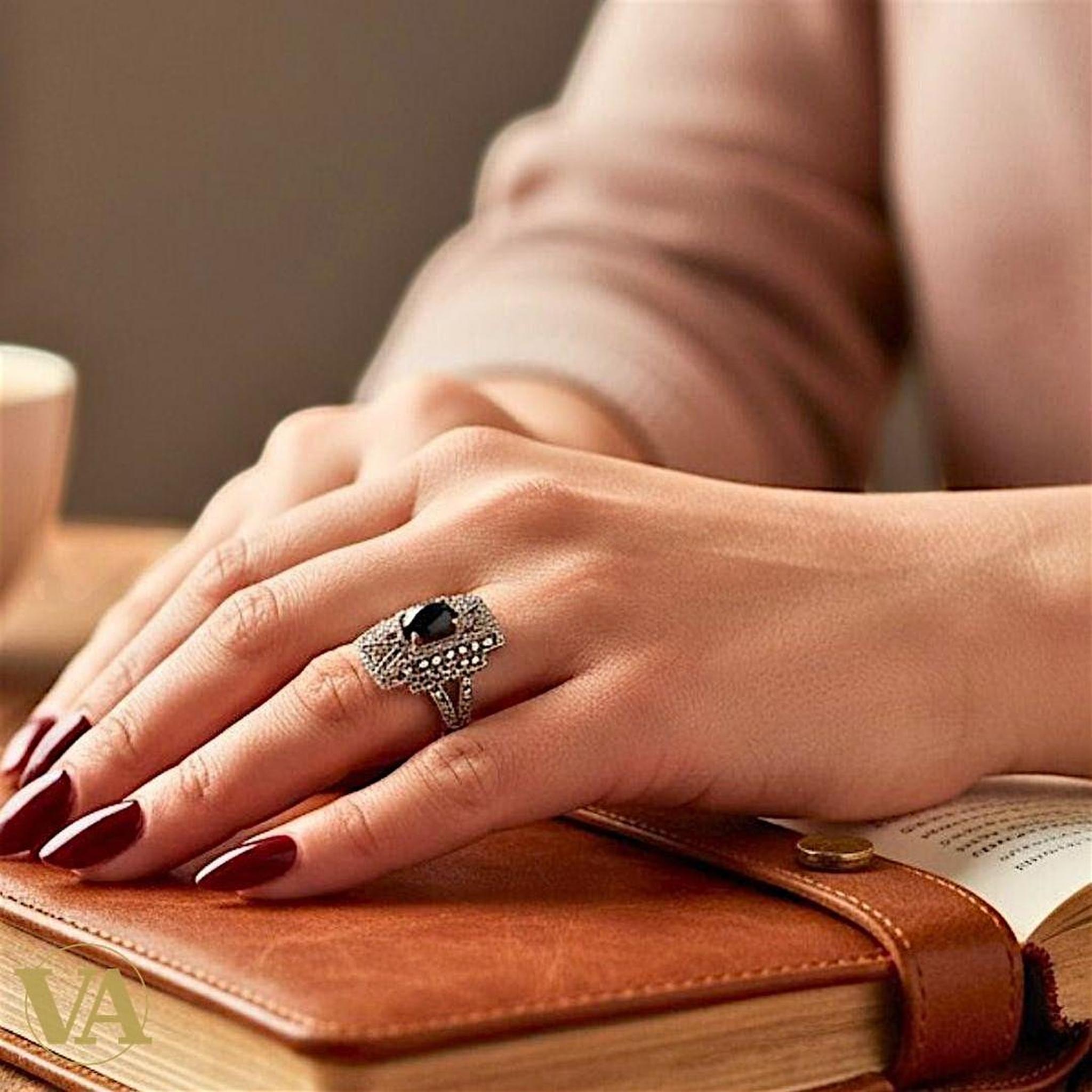 Bague Femme Art Déco argent 925 – Marcassites & Onyx | Bijoux Vindicta