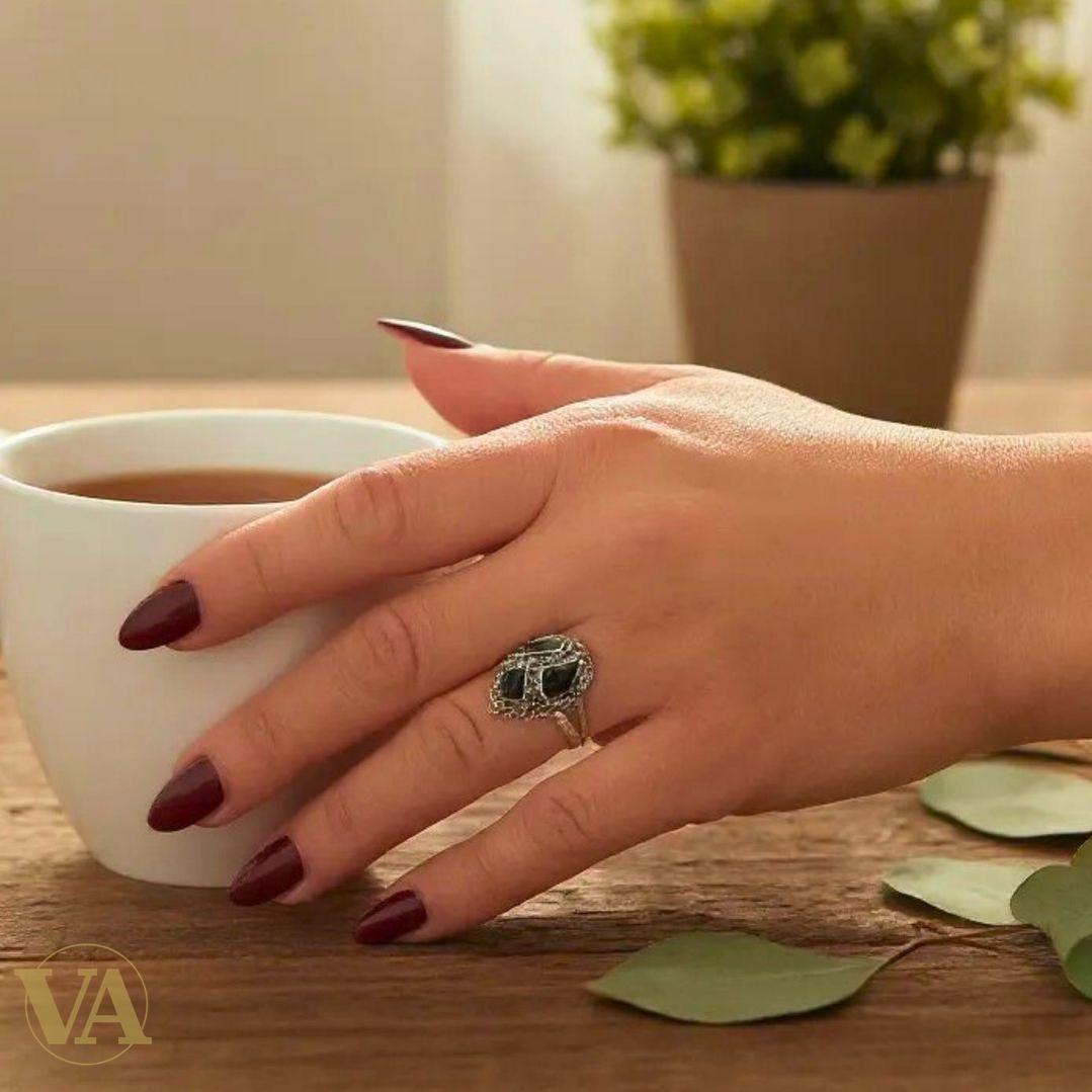 Bague argent 925 goutte onyx noir et marcassites