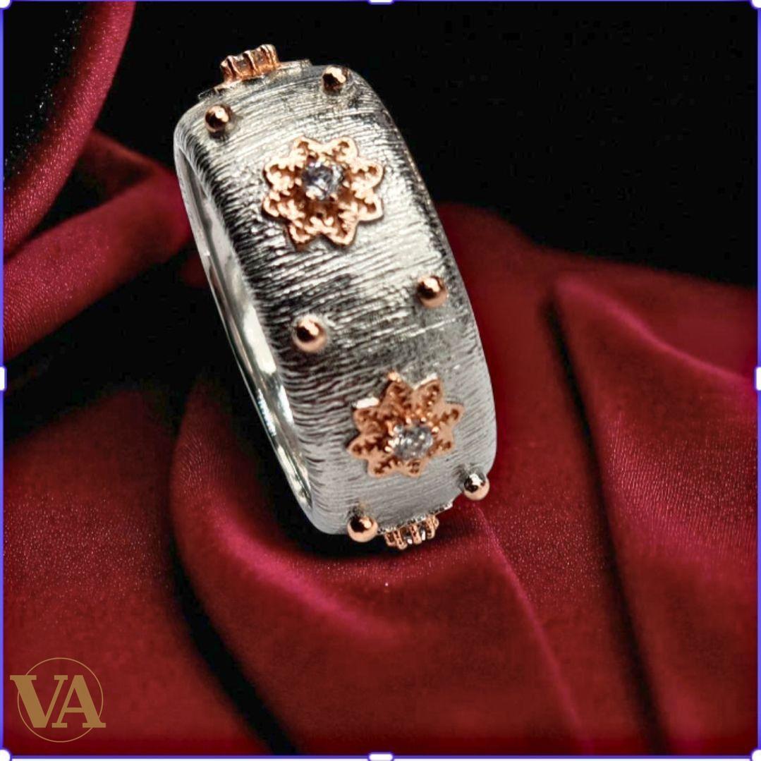 Bague argent 925 anneau large brossé or rose