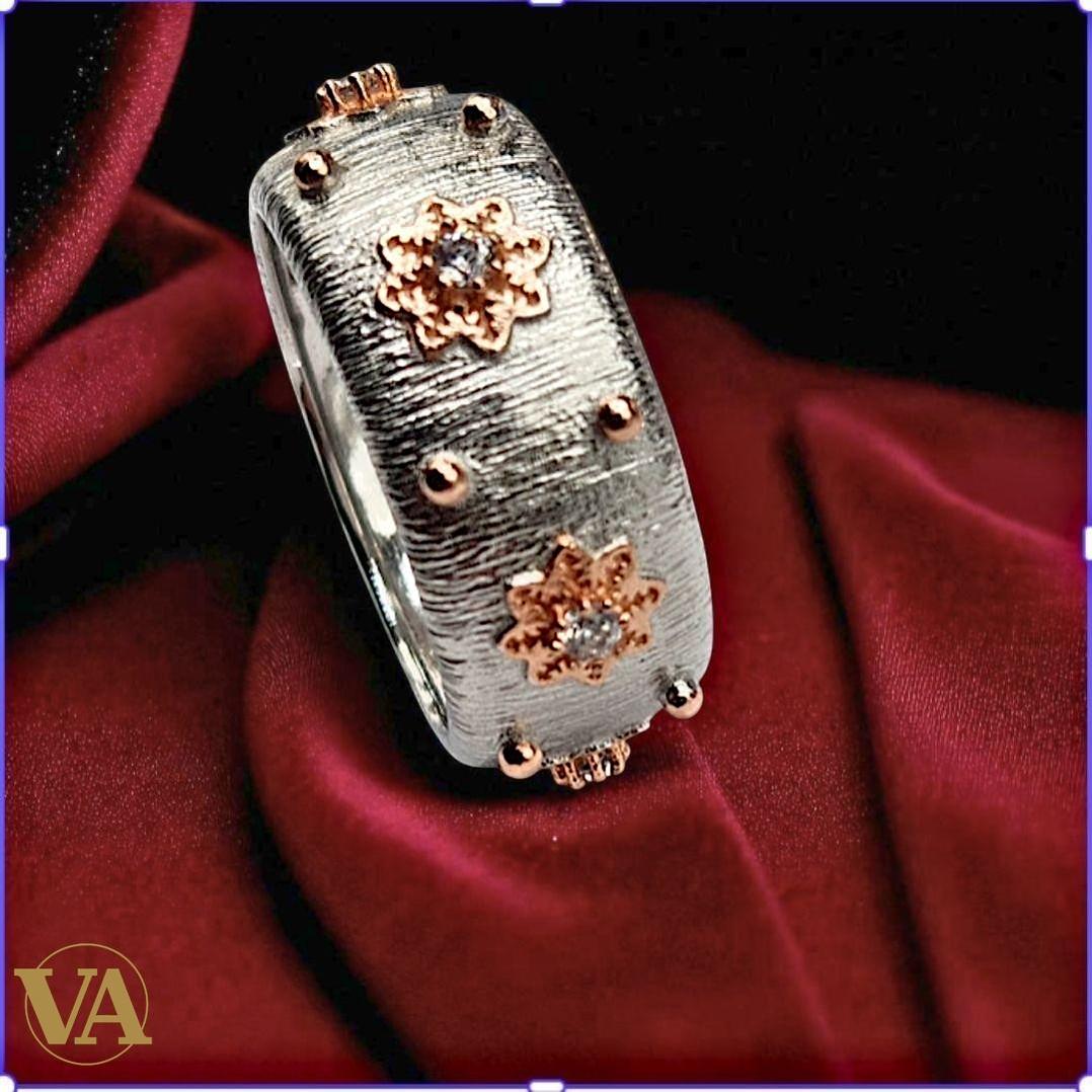 Bague argent 925 anneau large brossé or rose