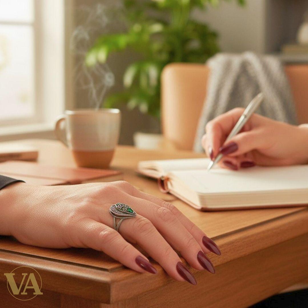 Bague argent 925 zirconium vert  éclatant et marcassite