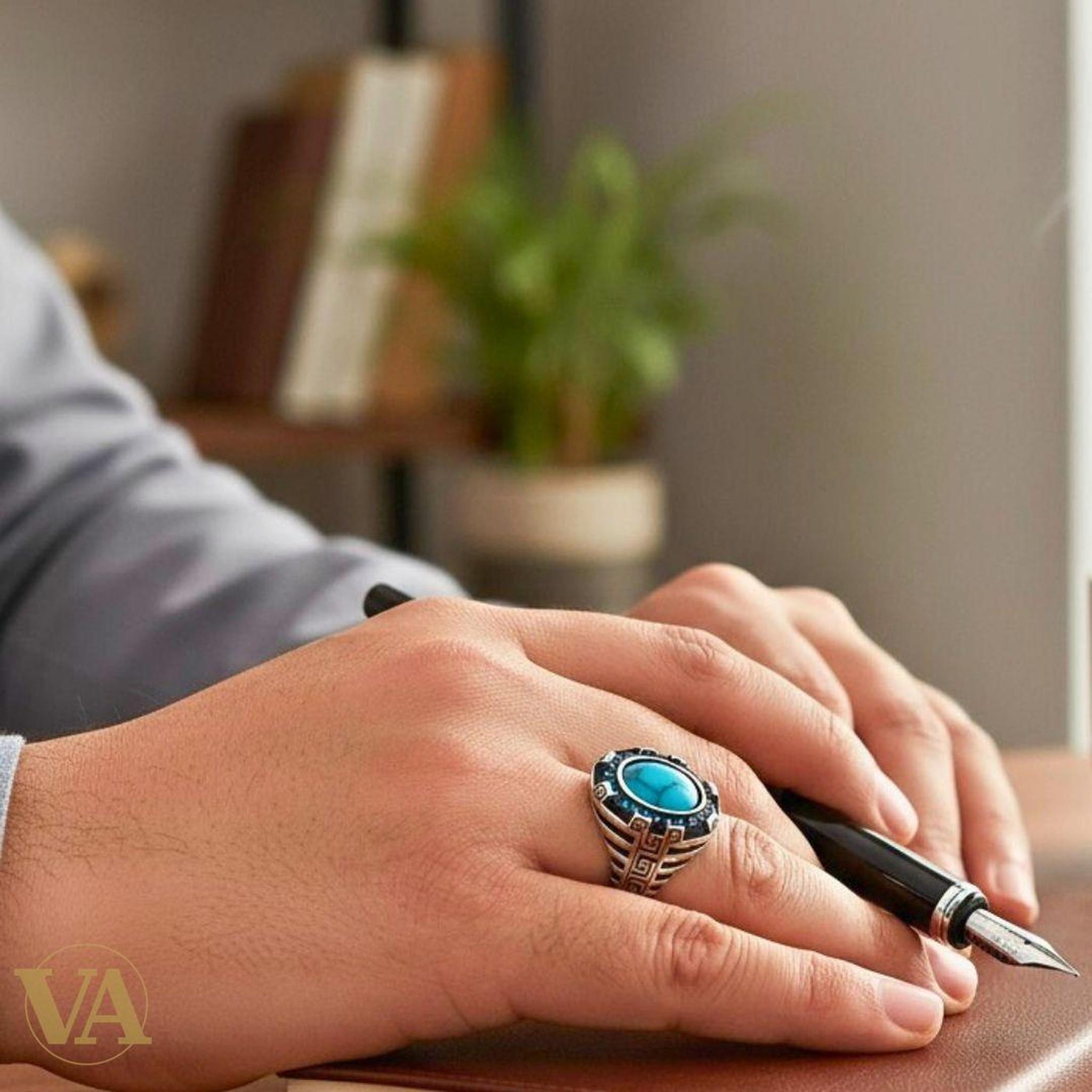 Bague Homme Argent 925 & Turquoise ovale - Argent 925 - Vindicta