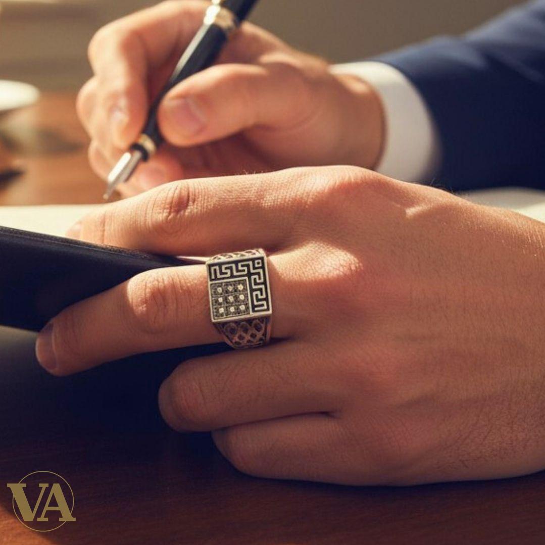 Bague homme argent 925 motif grec géométrique