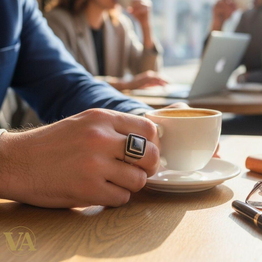 Bague homme argent 925 agate grise & pierres noires