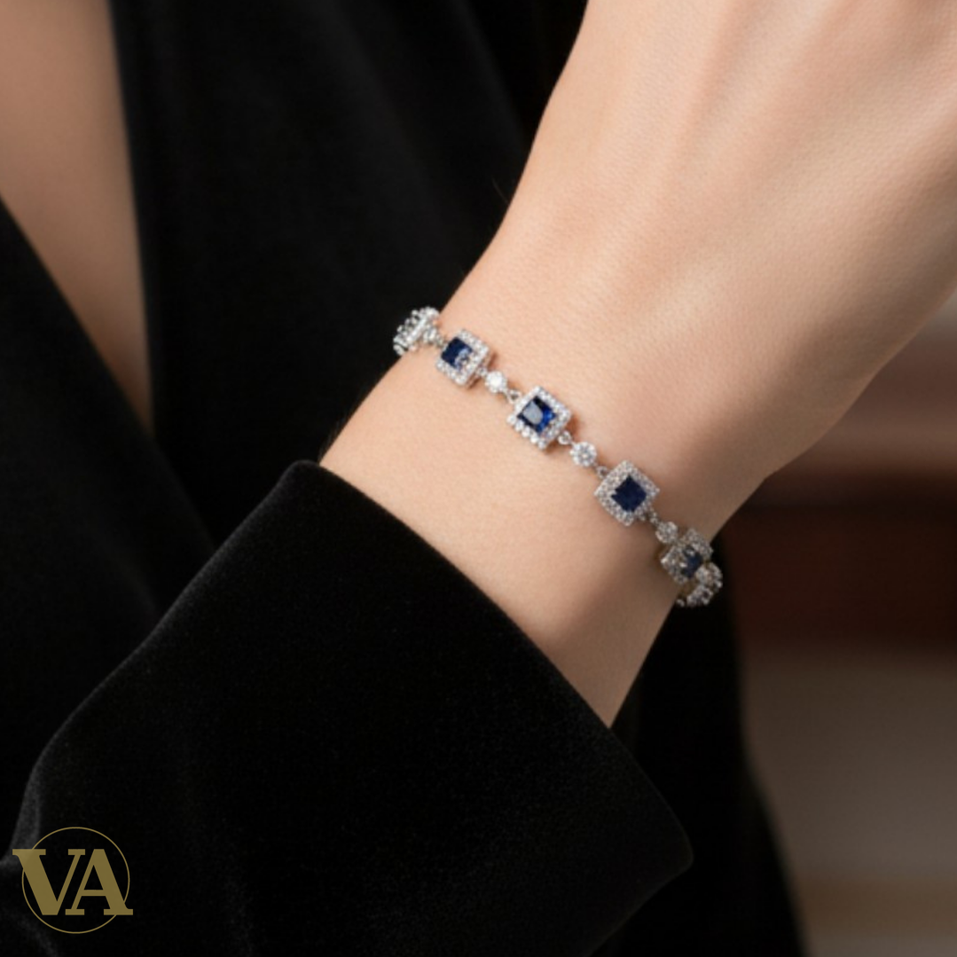 Bracelet Femme Argent 925 Oxydes Bleus – Design Géométrique