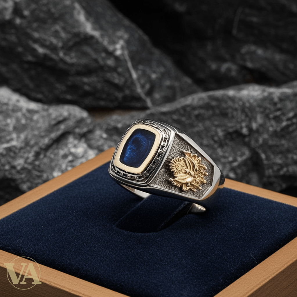 Chevalière Homme Argent 925 Quartz Inclusions Naturelles Aigle et Calligraphie Dorés - Argent 925 - Vindicta
