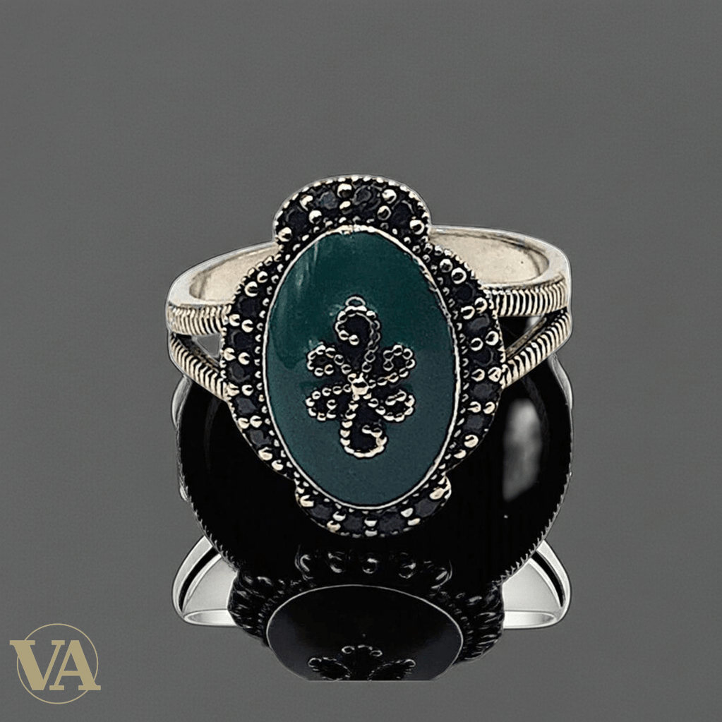 Bague femme argent 925 aventurine verte et marcassites - Argent 925 - Vindicta