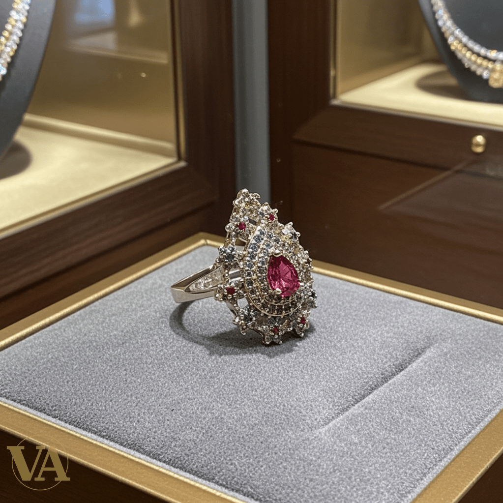 Bague femme argent 925 – Pierre rouge poire et zirconiums multicolores – Élégance royale - Argent 925 - Vindicta