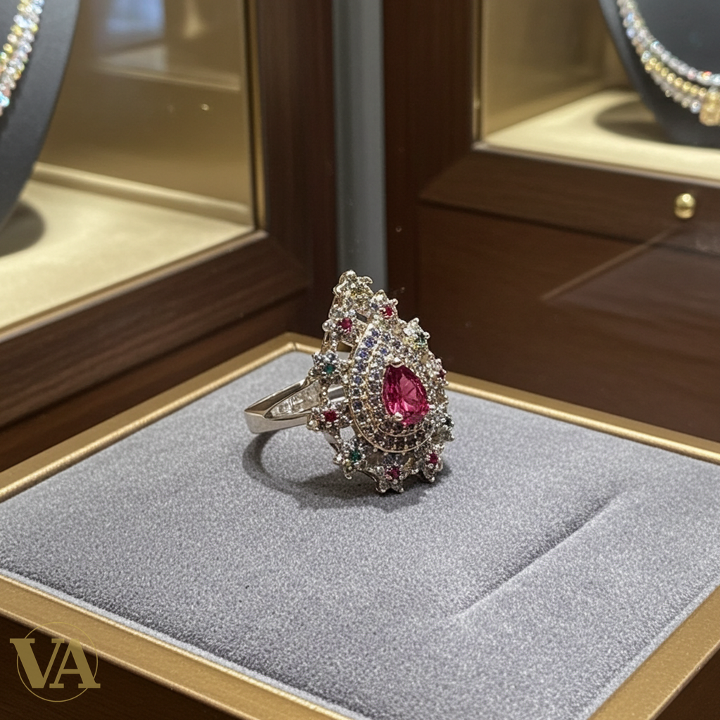 Bague femme argent 925 – Pierre rouge poire et zirconiums multicolores – Élégance royale-Vindicta : Bijoux Argent 925 Massif, Luxe et Héritage